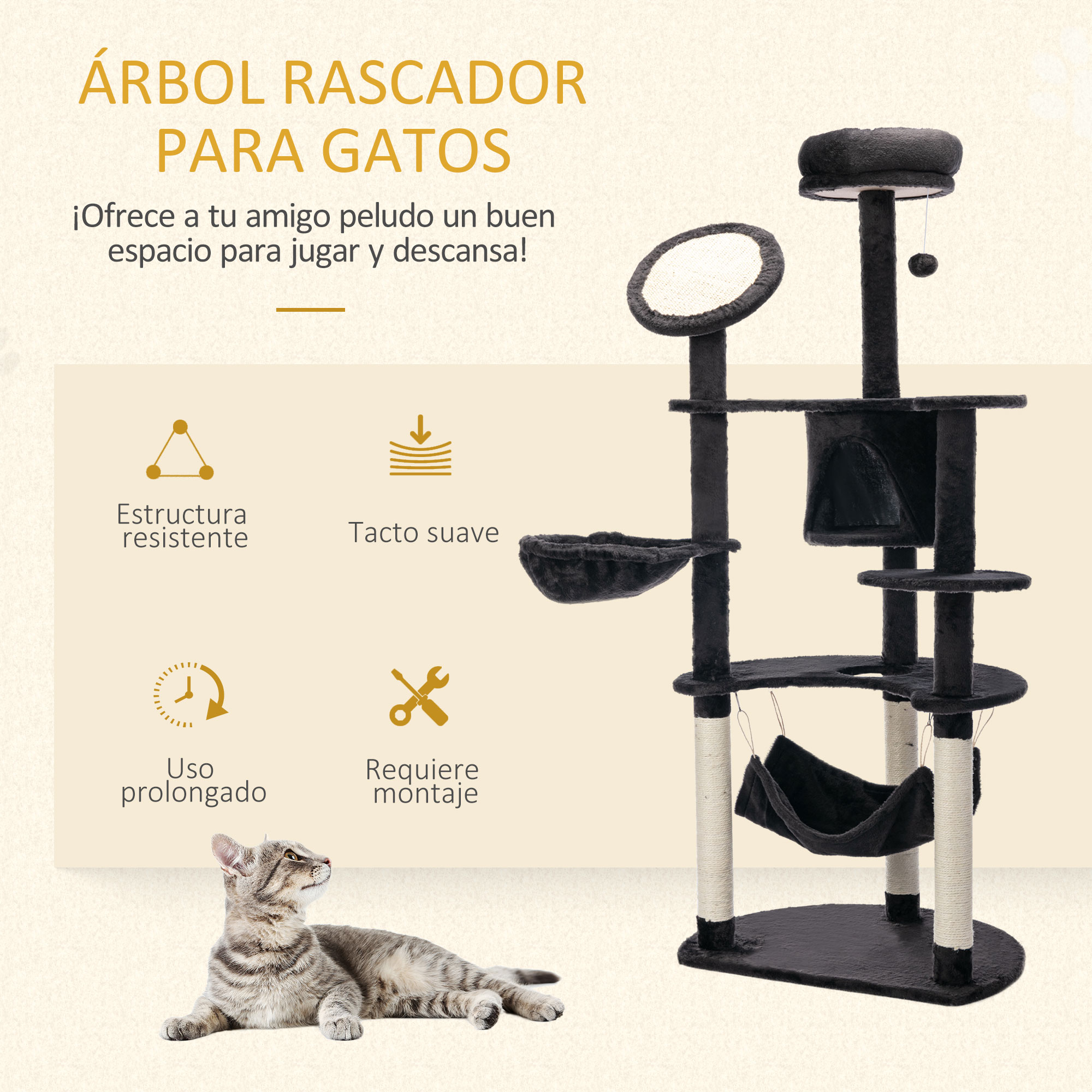 Un rascador negro para gatos con varios niveles, una hamaca y un gato en la base.