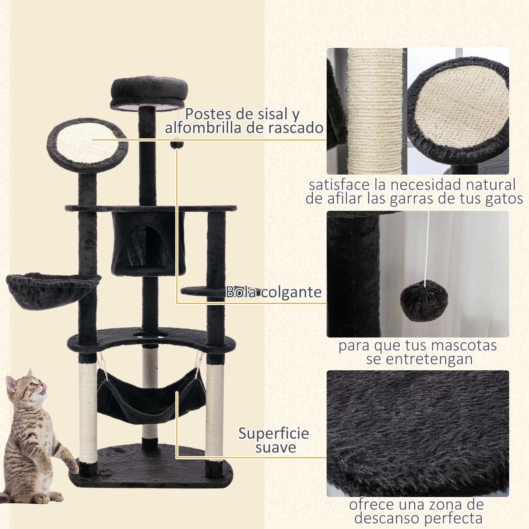 Un árbol para gatos negro con postes rascadores, una hamaca y una bola colgante. Un gato mirando hacia arriba.