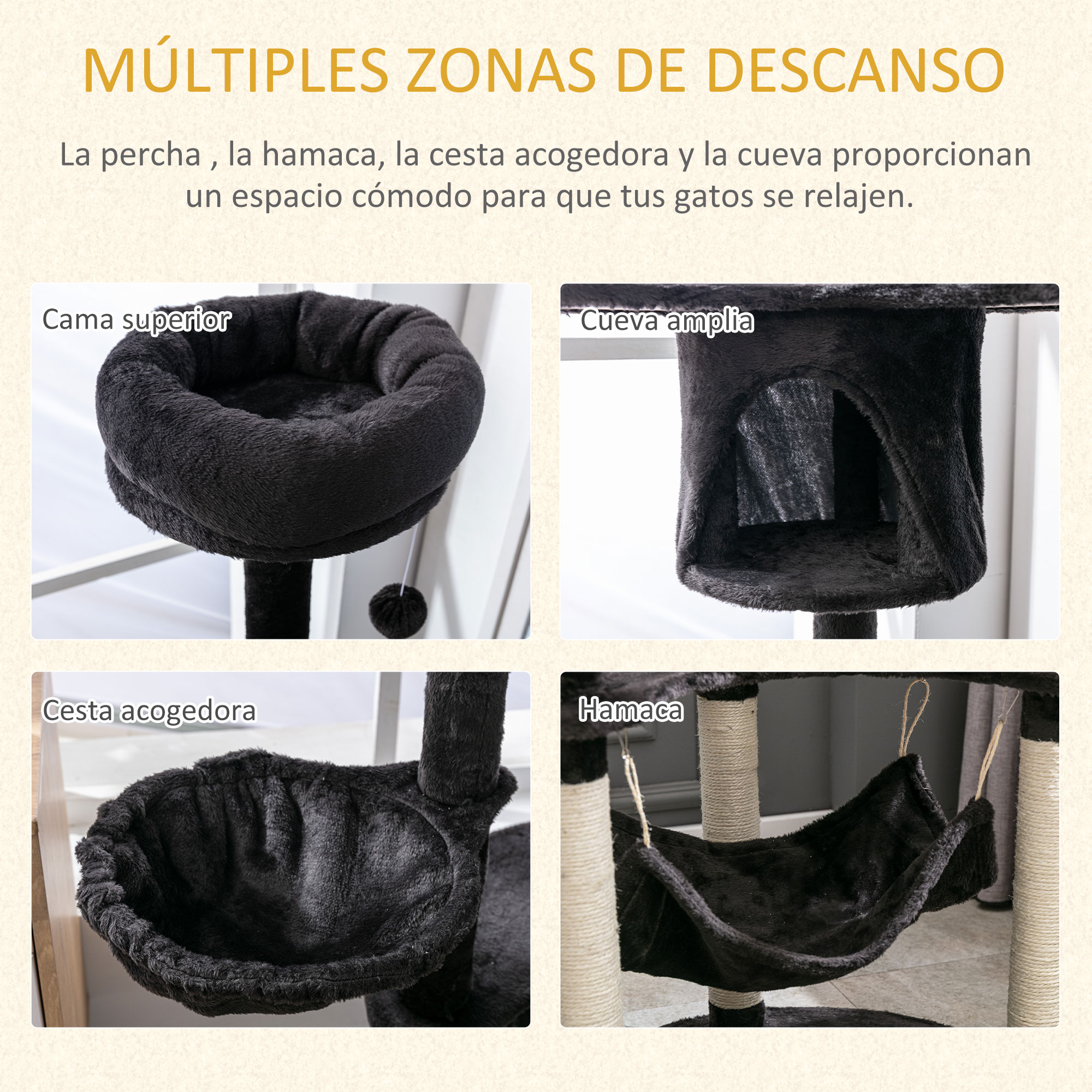 Un árbol para gatos con múltiples áreas de descanso, incluyendo una cama superior, cueva, cesta y hamaca, todo en negro.