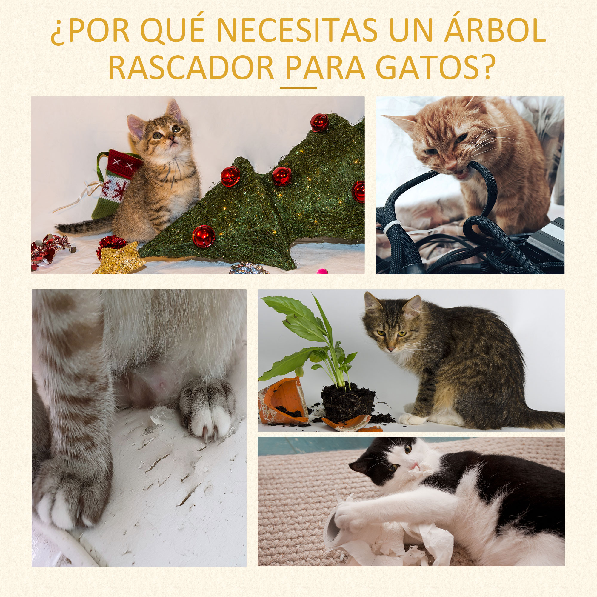 Un collage que muestra gatos con un árbol de Navidad, arañando y con una planta rota.