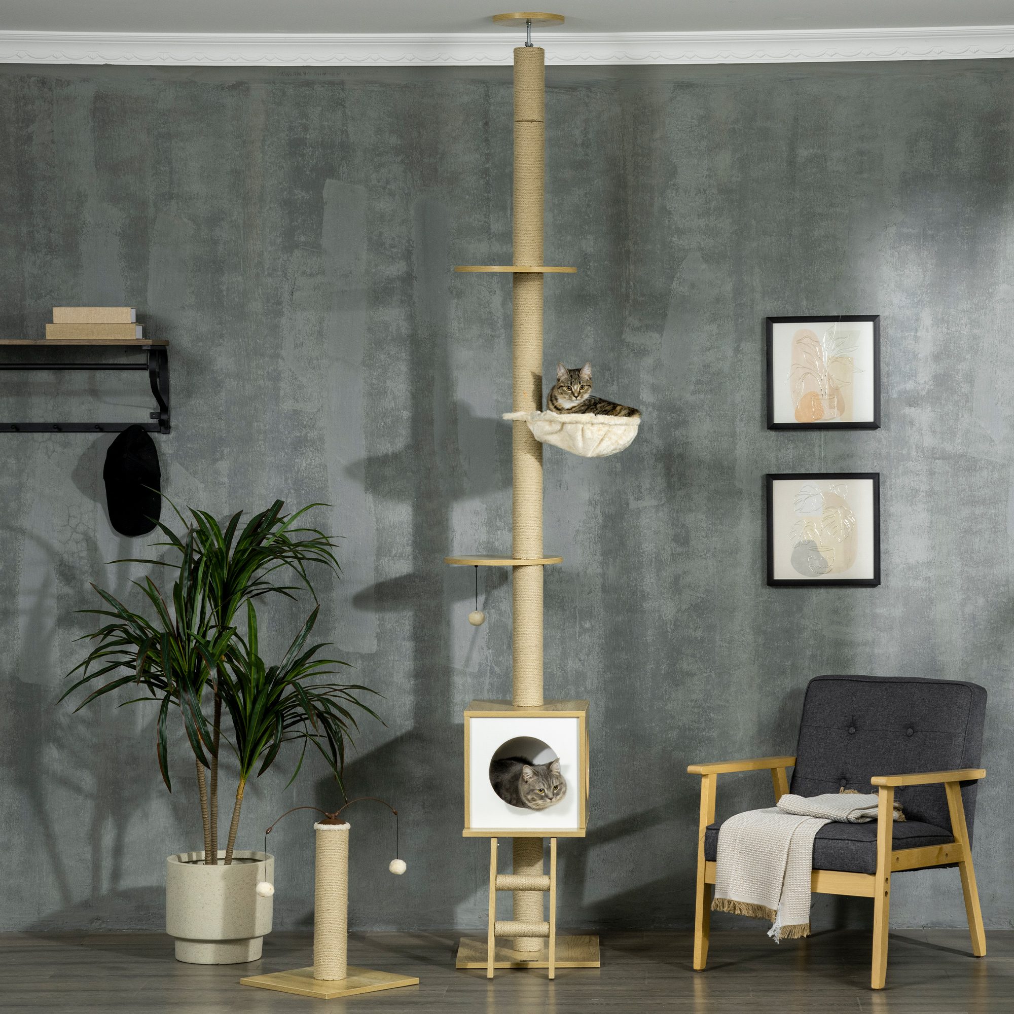 Un árbol para gatos con dos gatos, una planta, una silla y dos cuadros en una pared gris.