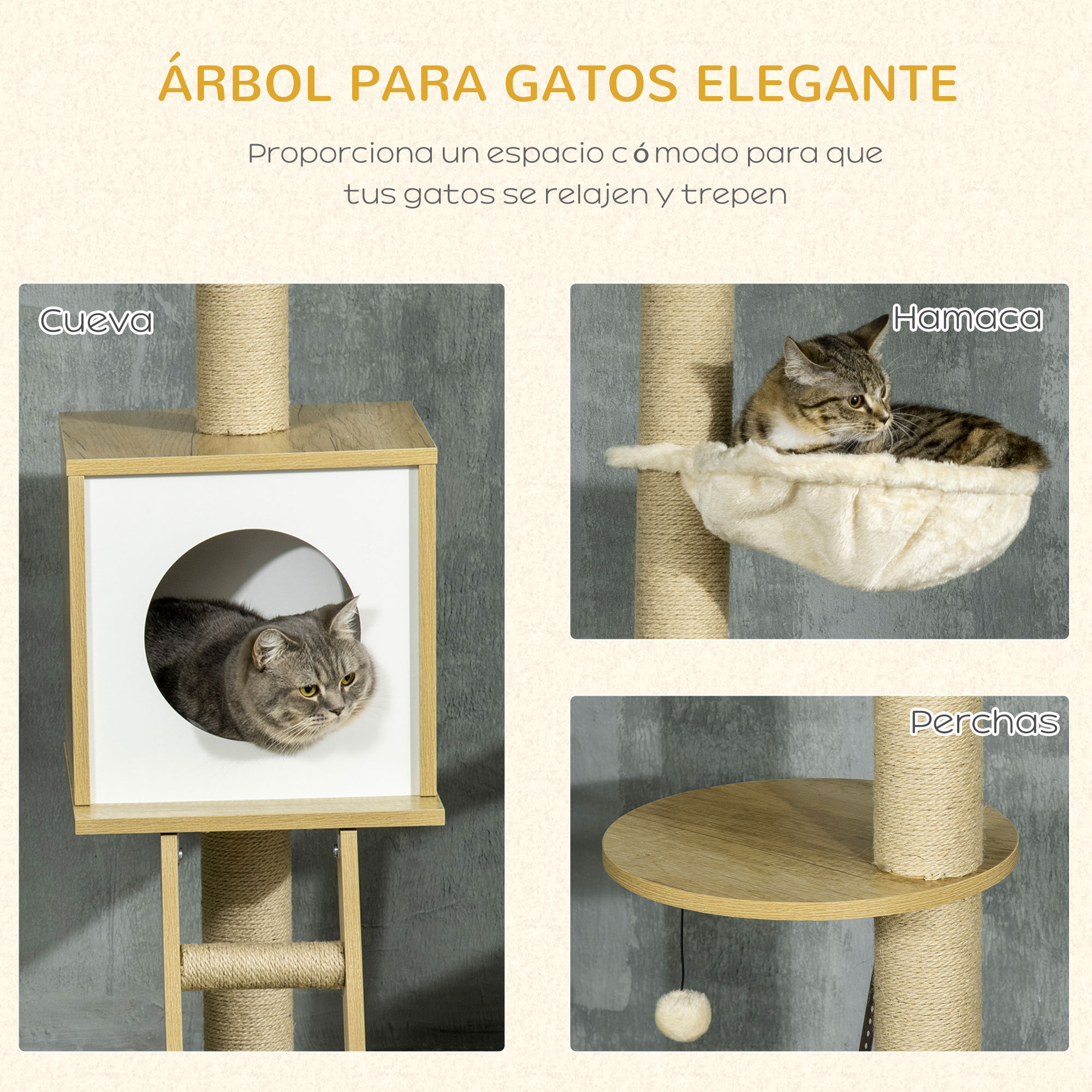 Árbol para gatos con cueva, hamaca y perchas. El gato está en una cueva y en una hamaca.