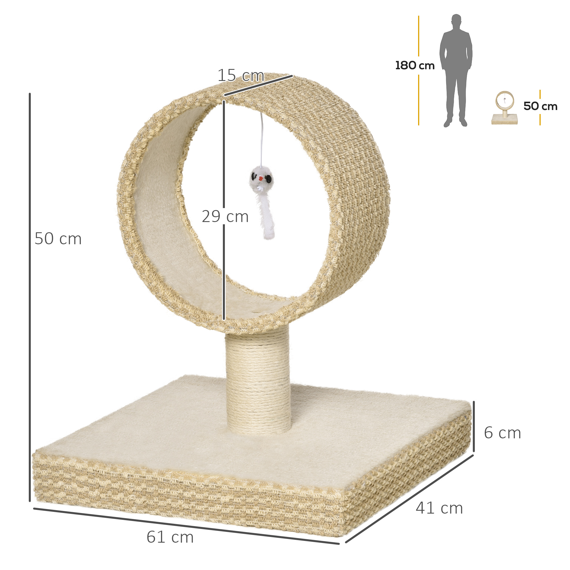 Un rascador para gatos con base beige y área cilíndrica de sisal con un juguete colgante.