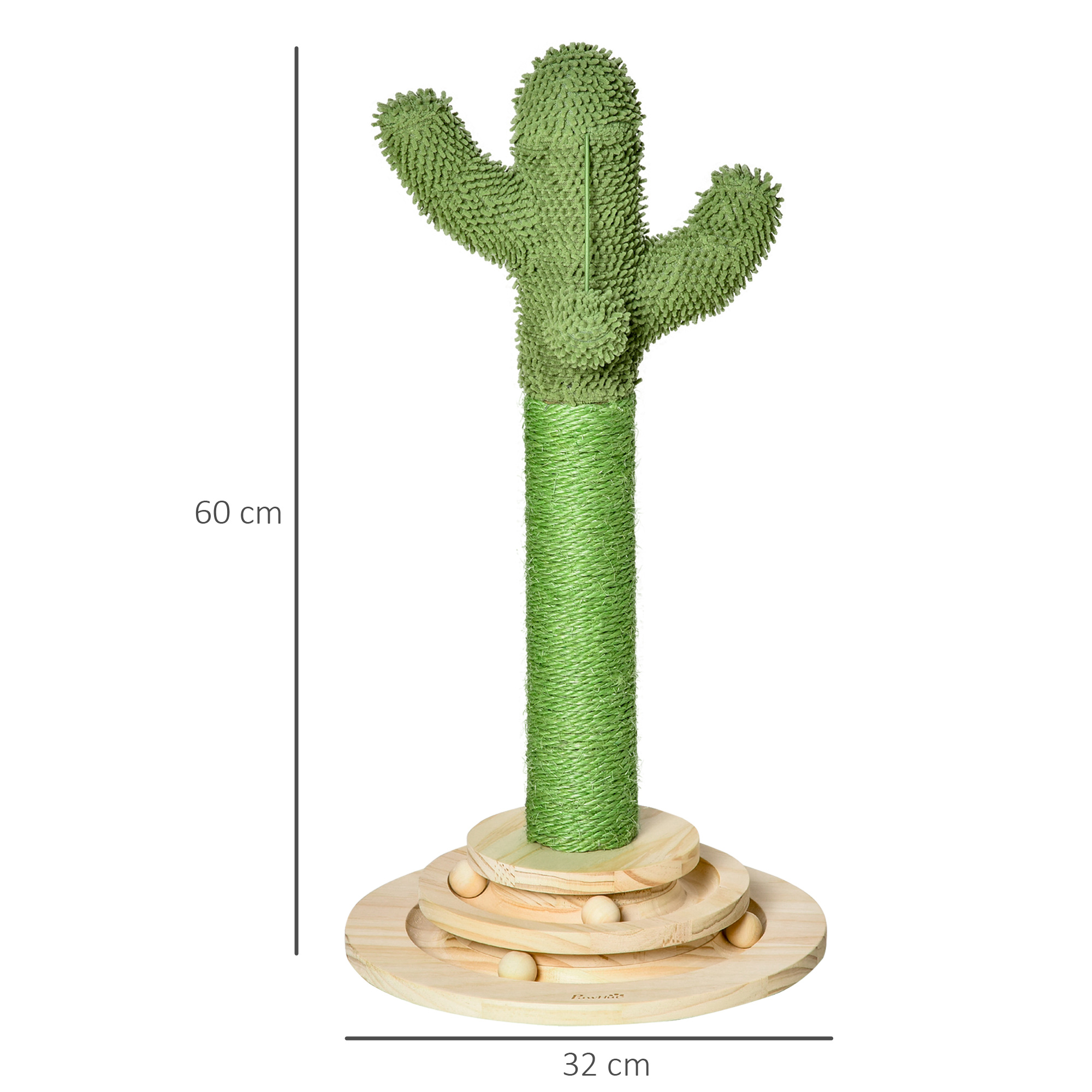 Rascador para gatos con forma de cactus verde, base de madera y bolas.