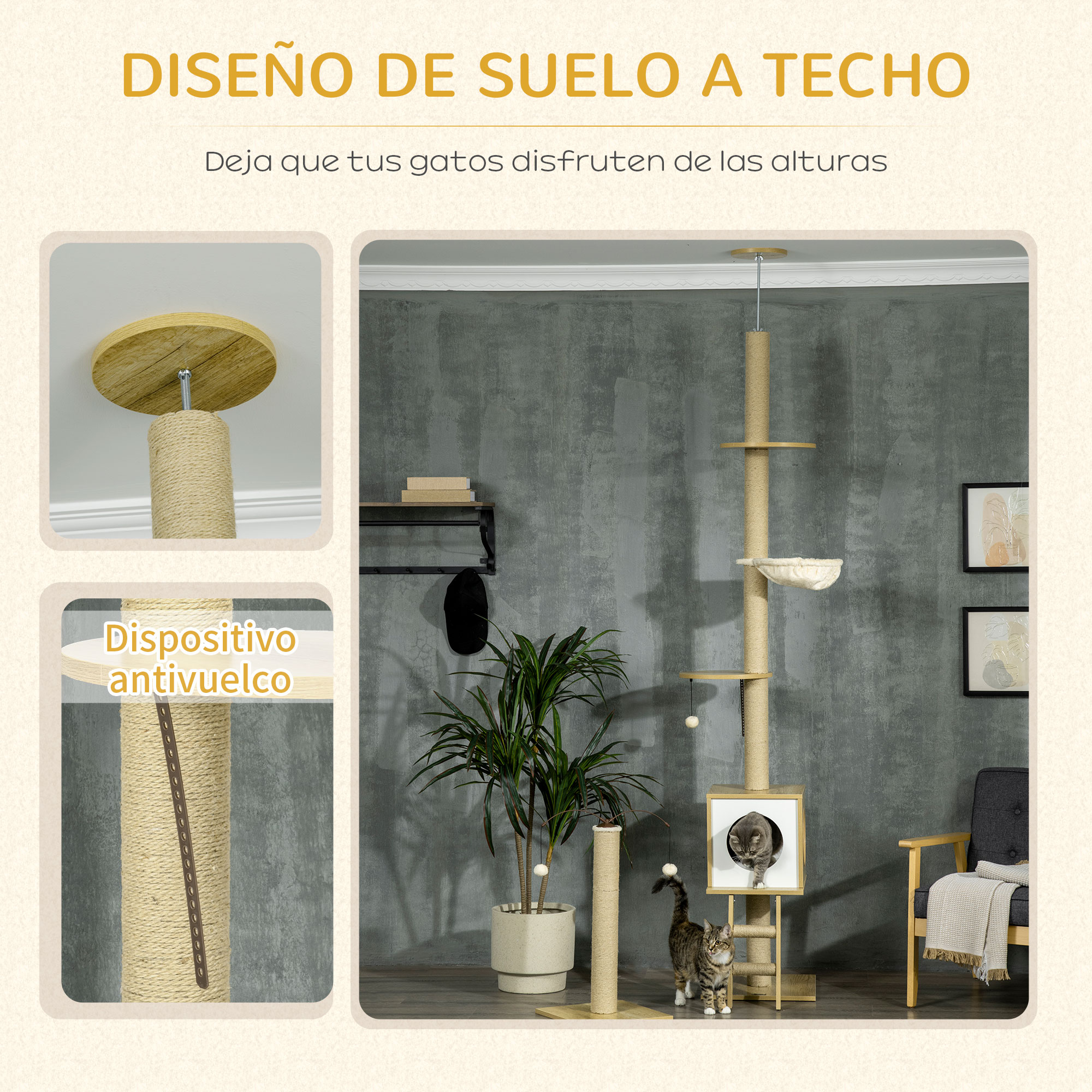 Árbol para gatos con múltiples plataformas, una cama colgante y un rascador. Dos gatos presentes.