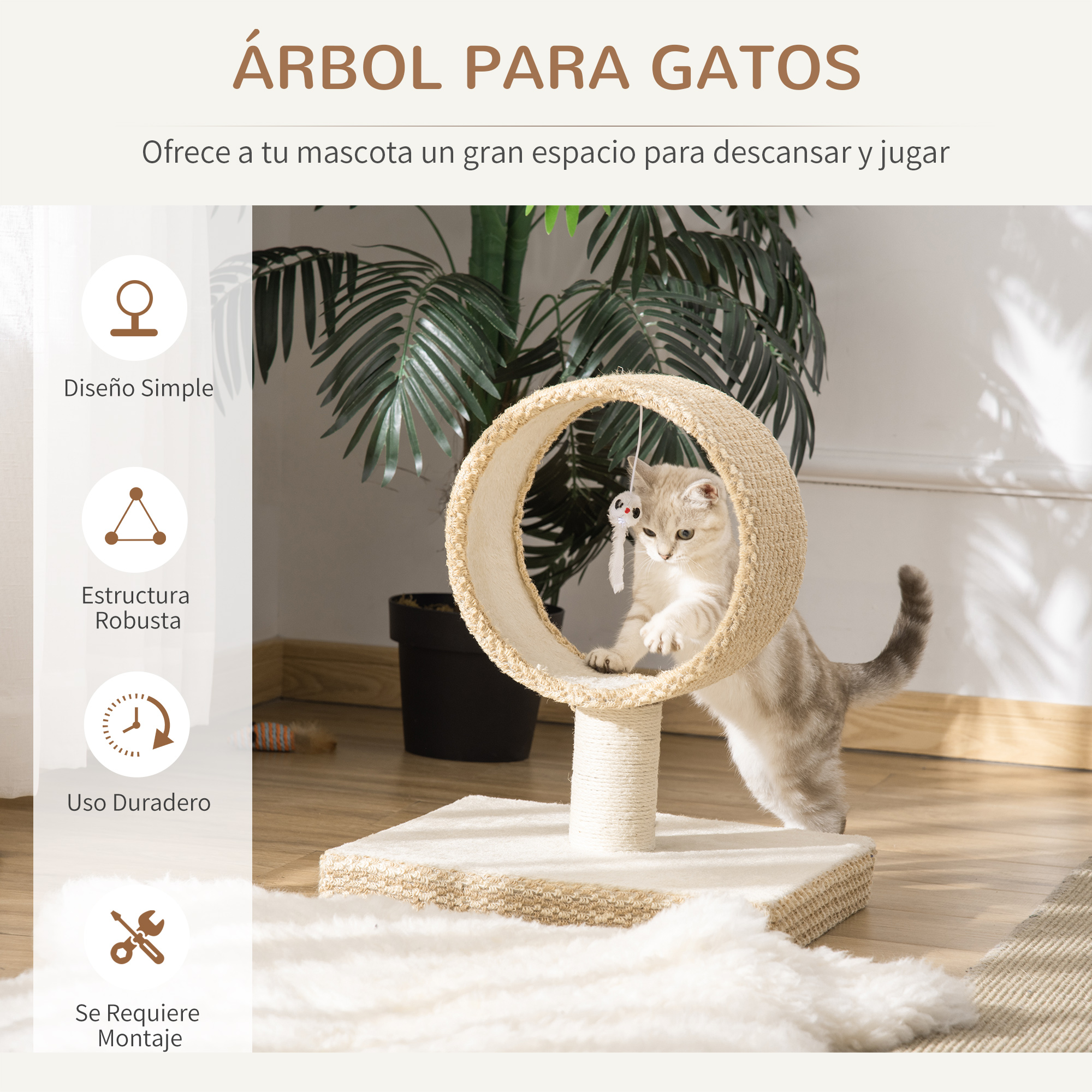 Un árbol para gatos beige con un gato jugando con un juguete. Tiene una cama circular y una base.