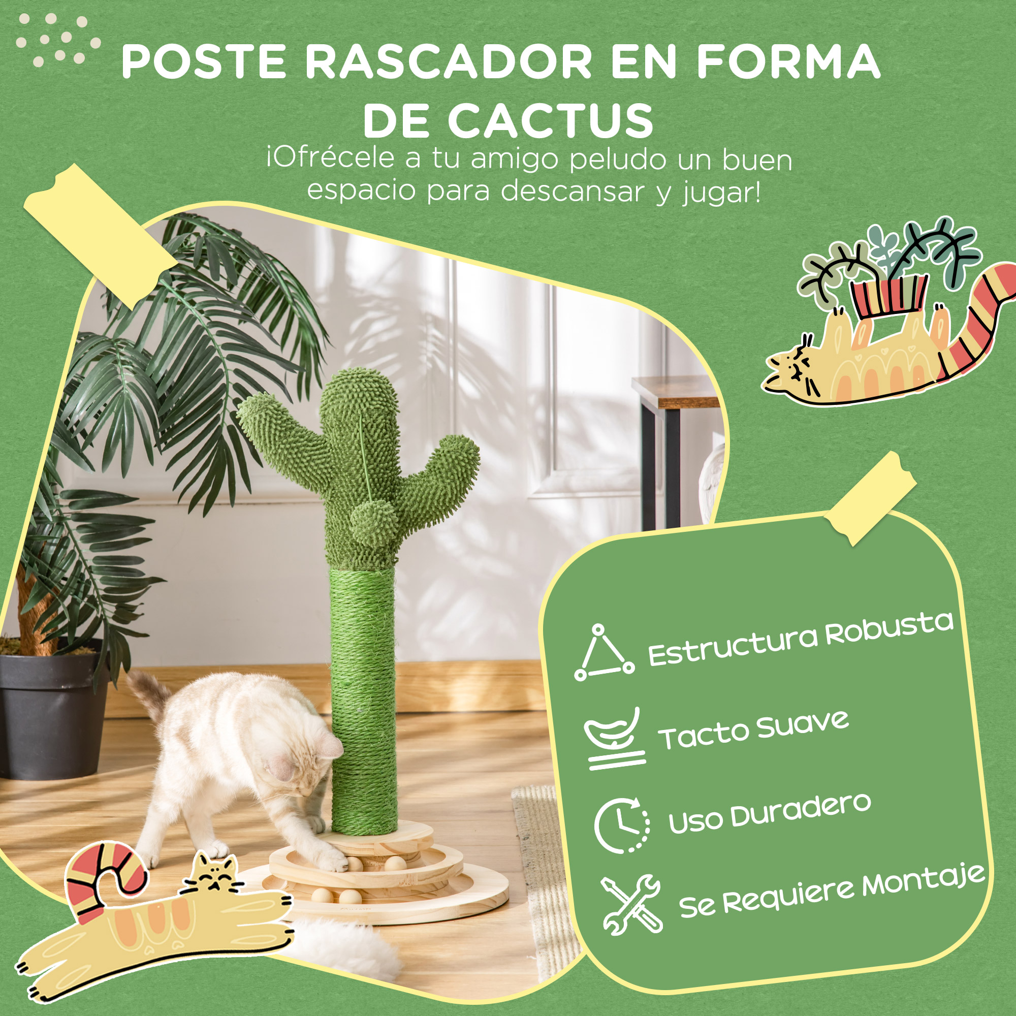 Un rascador para gatos en forma de cactus verde. Un gato interactúa con el poste. El texto describe características.