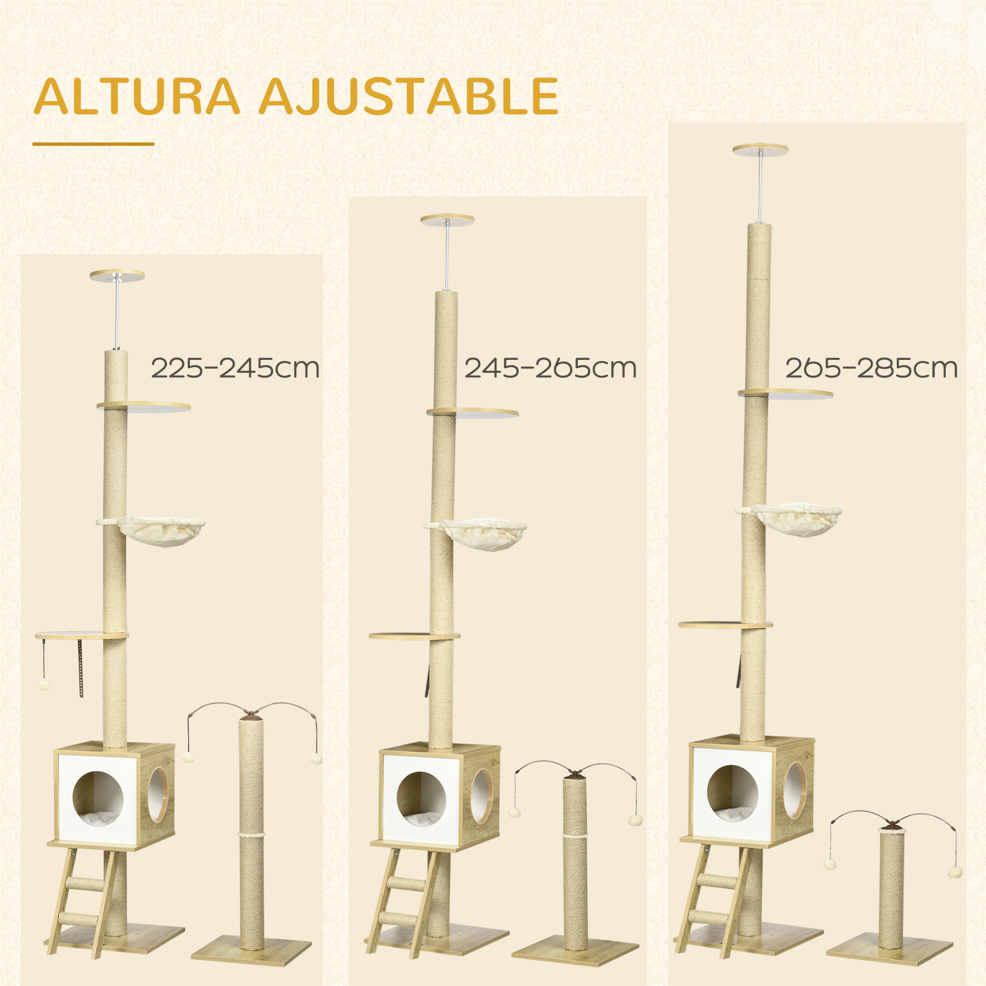 Árbol para gatos con altura ajustable. Se muestran tres árboles para gatos diferentes a diferentes alturas.