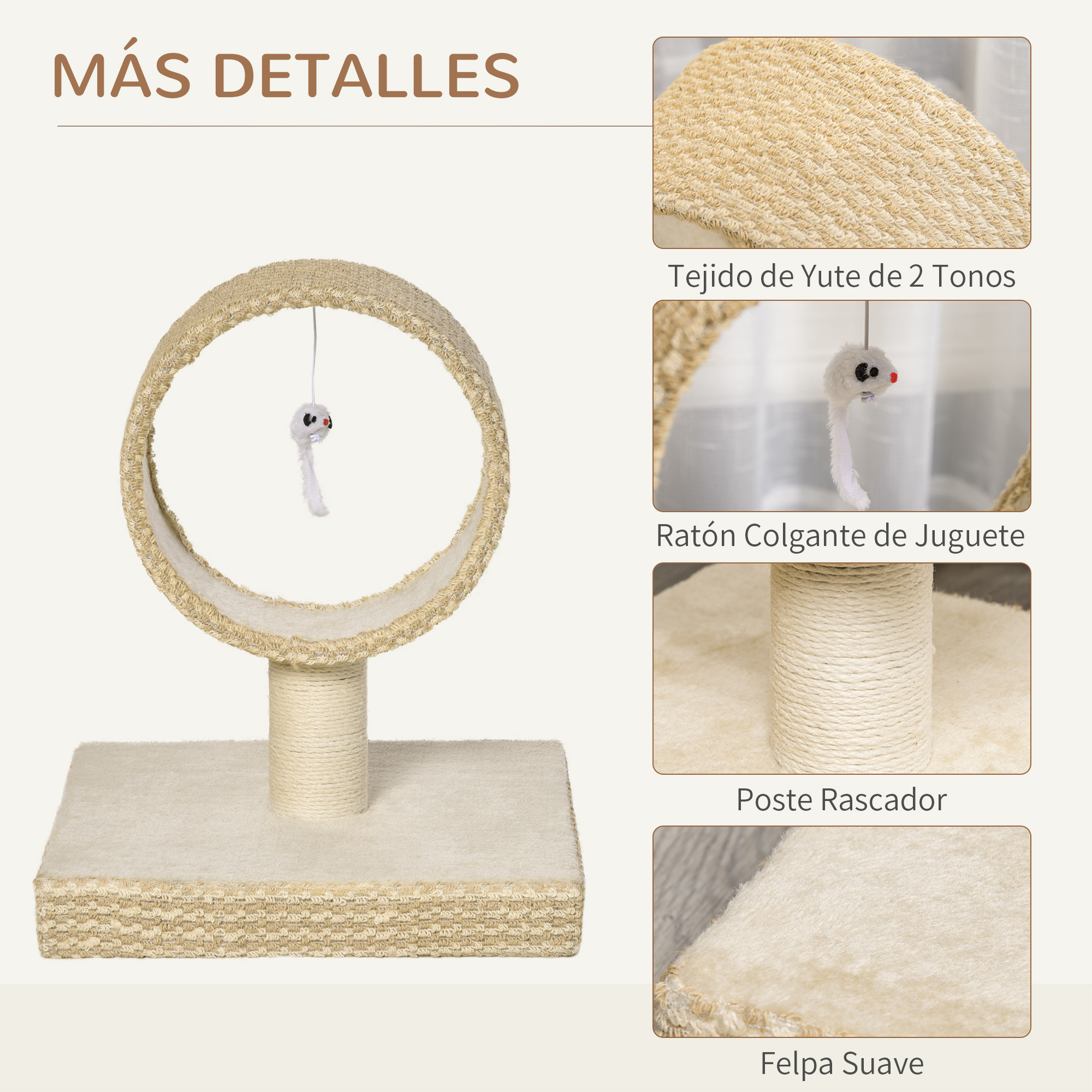 Rascador para gatos con un juguete colgante, tela de yute de dos tonos y superficie suave.