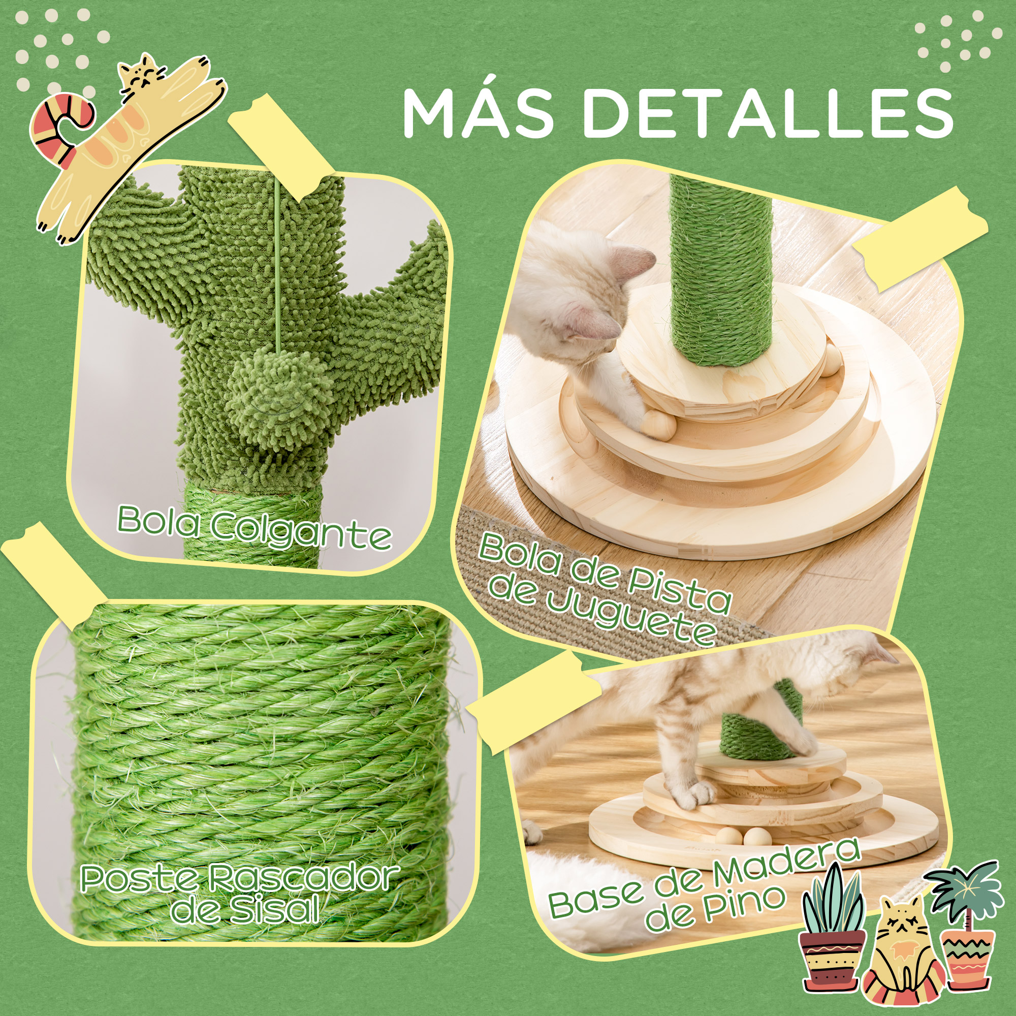 Primeros planos de rascadores para gatos. Incluye bola colgante, poste de sisal y base de madera de pino.