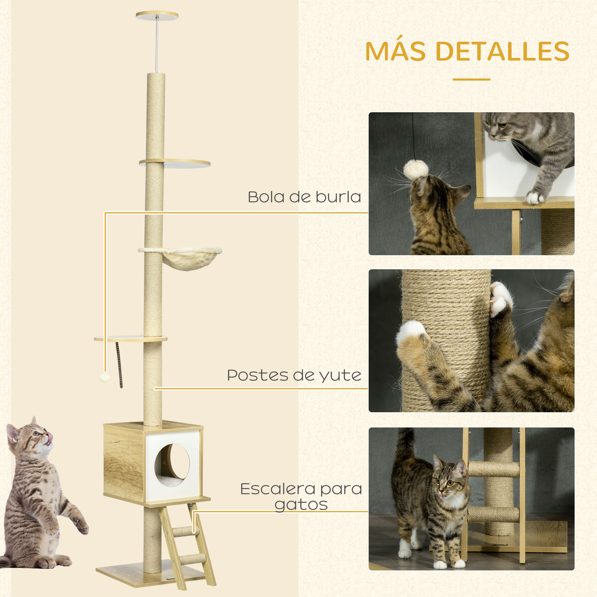 Árbol para gatos con postes rascadores, un gato y detalles de la estructura.