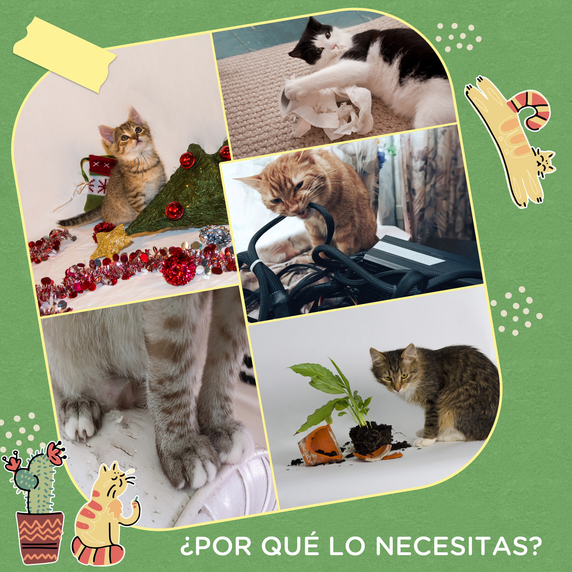 Collage de gatos en varias situaciones. Gatos cerca de adornos navideños, comiendo cables, destruyendo plantas.