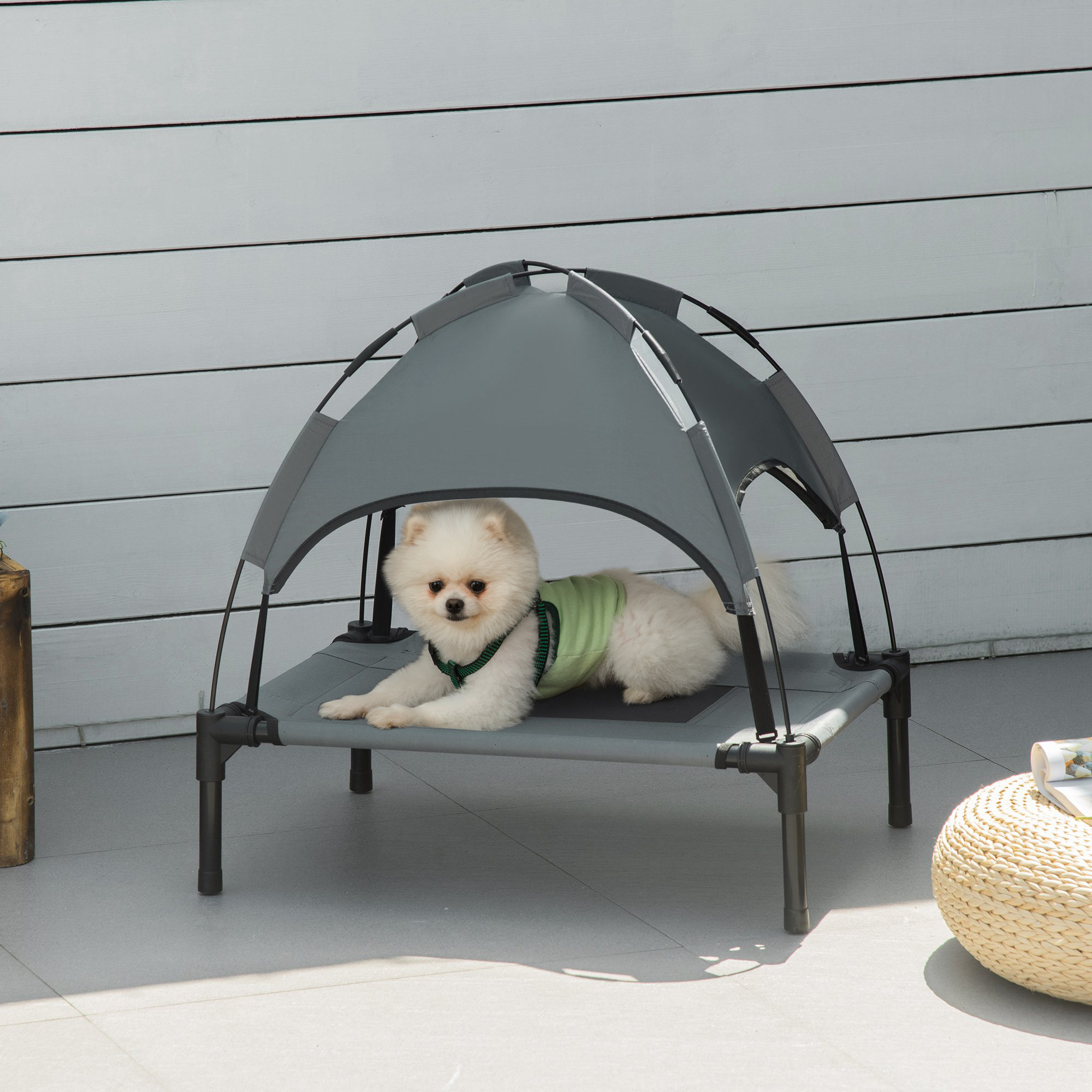 Un perro blanco pequeño con un chaleco verde descansa bajo una cama con dosel gris con patas negras en un patio gris.