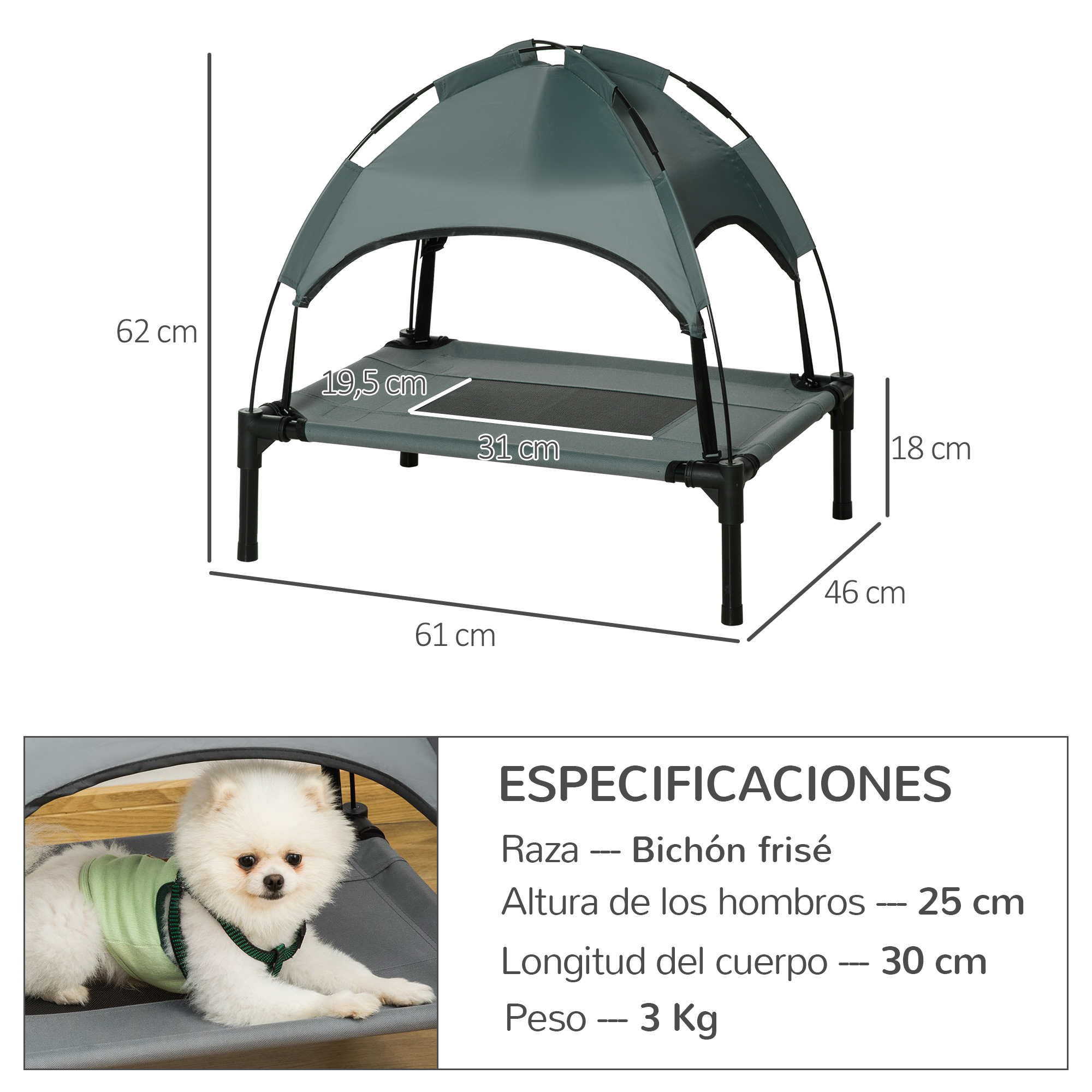 Cama para perros con parasol. Un perro pequeño está en la cama. Dimensiones etiquetadas.