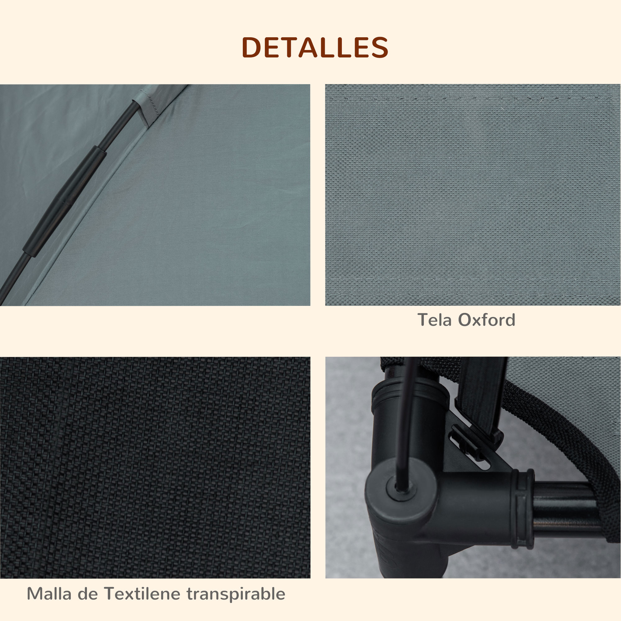 Primeros planos de tela Oxford gris, malla textil negra y una conexión de piezas metálicas negras.