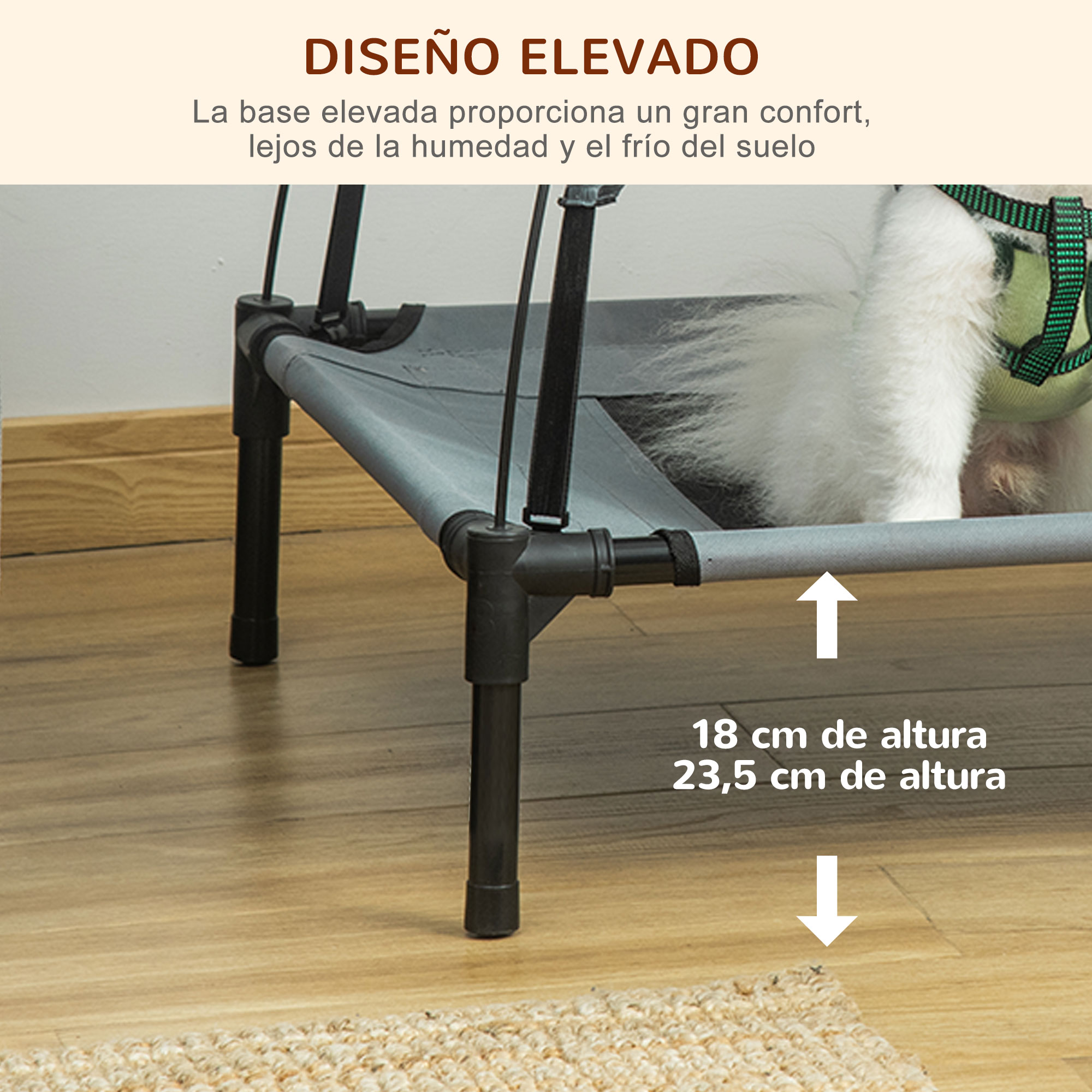 Cama elevada para perros con tela gris y patas negras, con flechas que muestran las medidas de altura.