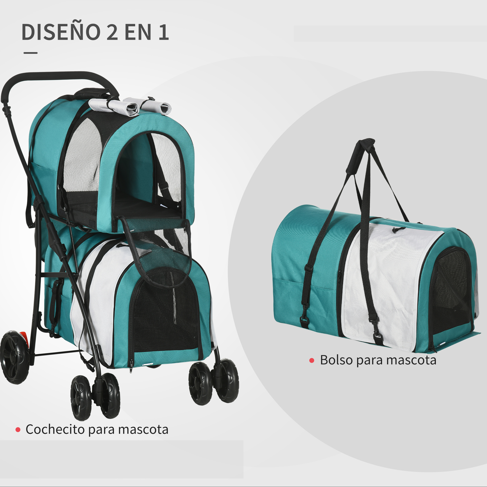 Cochecito y transportín para mascotas, color verde azulado, con ruedas.