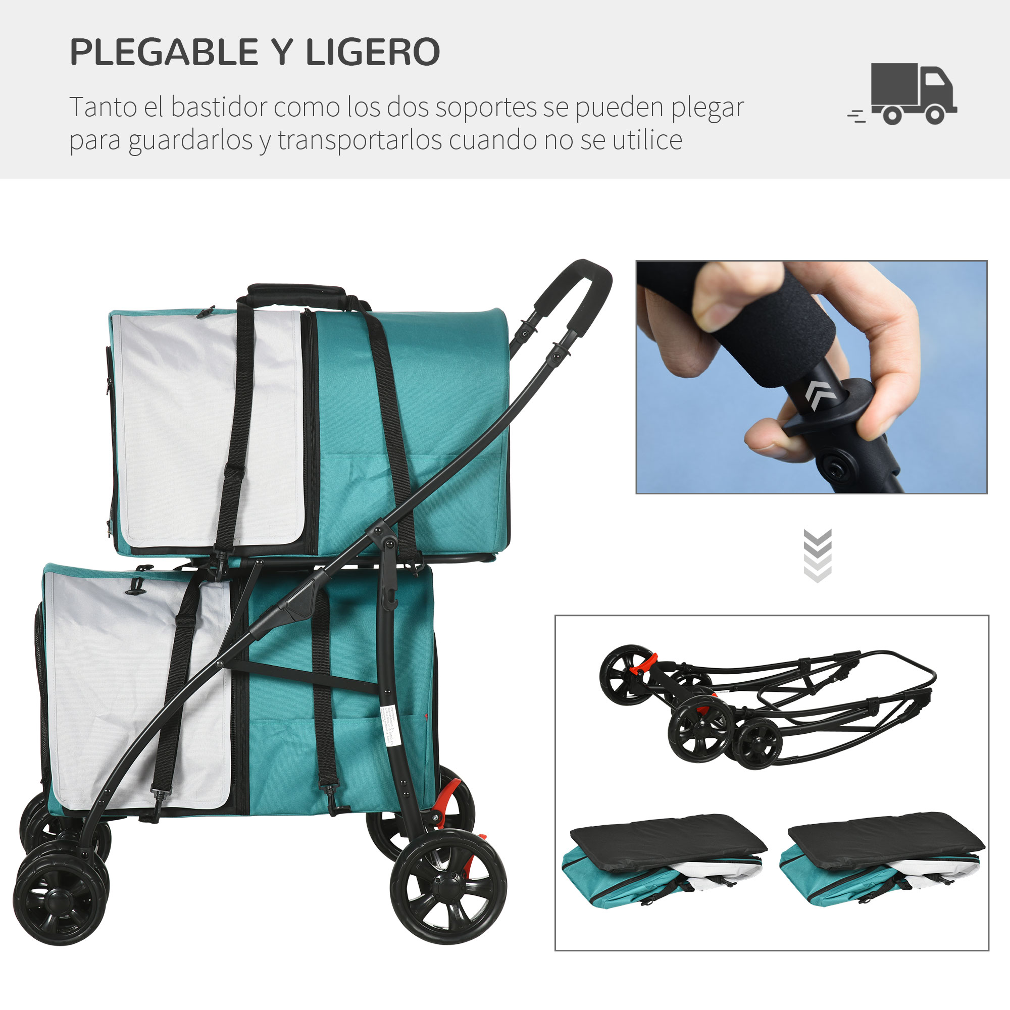 Transportín plegable para mascotas con dos compartimentos. Asa y ruedas. Combinación de colores negro y turquesa.