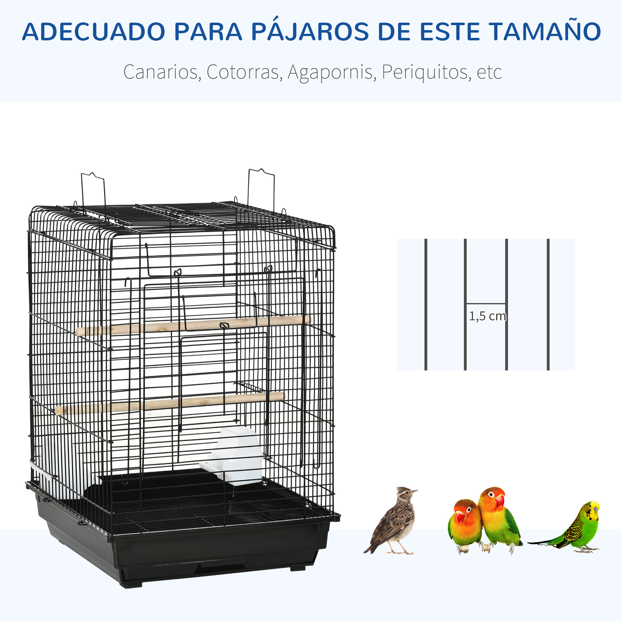Una jaula negra para pájaros con pájaros, con un texto que dice "Adecuado para pájaros de este tamaño".