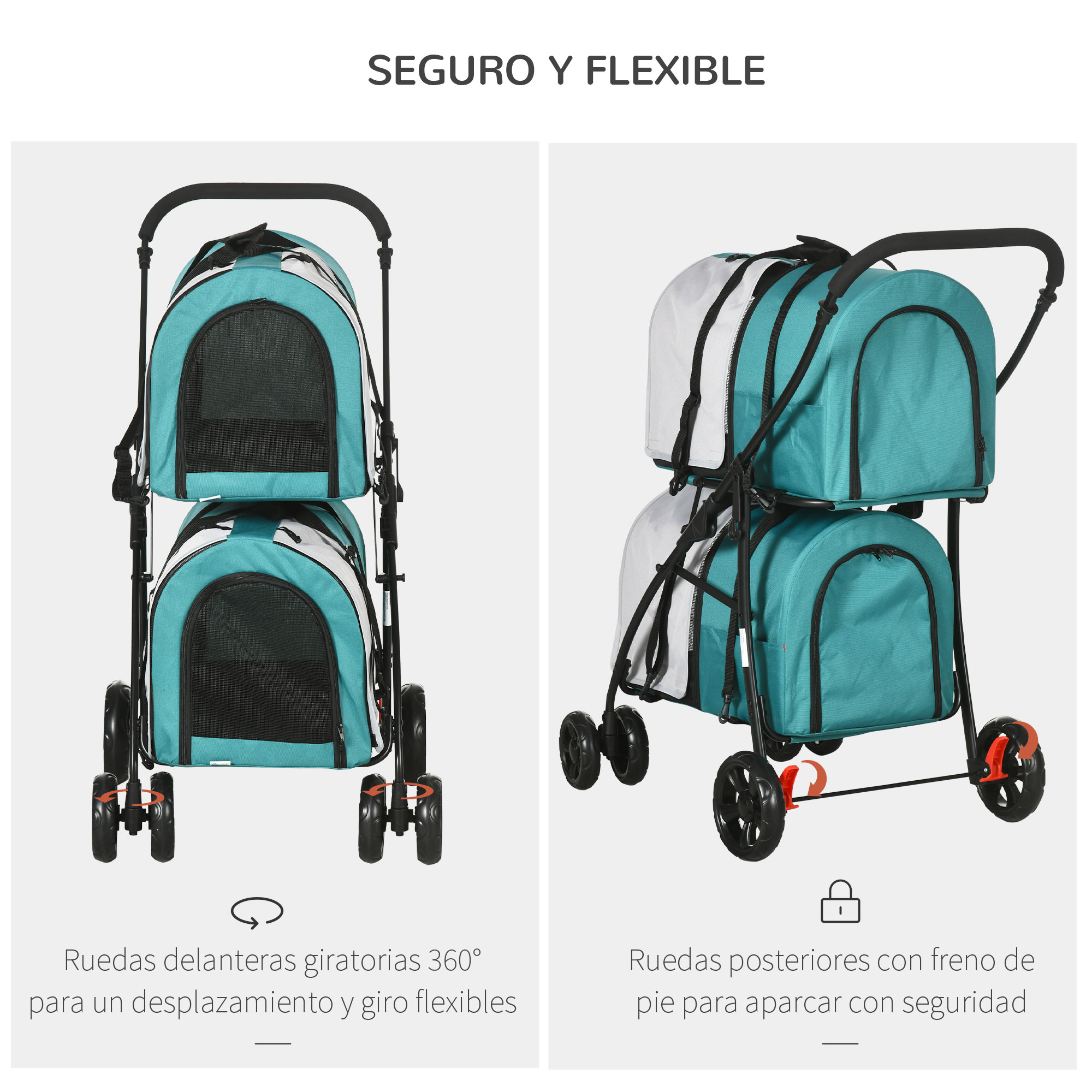 Cochecito para mascotas, seguro y flexible. Cuenta con ruedas giratorias de 360° y traseras con frenos de pie para aparcar.
