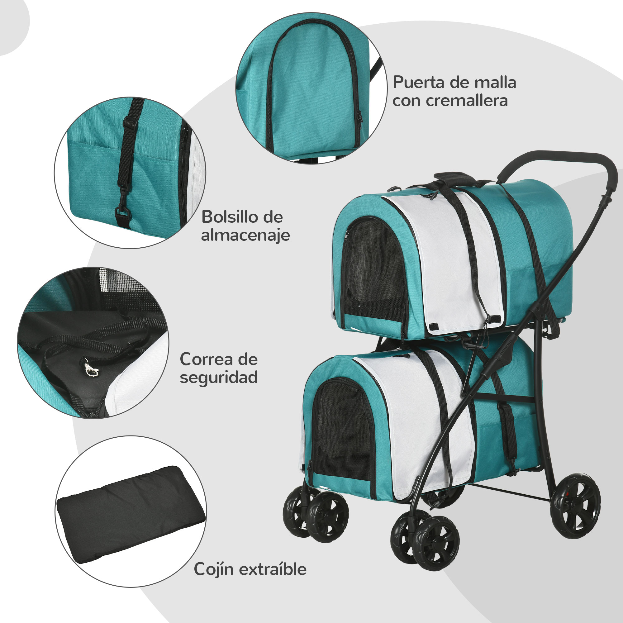 Transportín para mascotas con dos compartimentos sobre ruedas. Bolsillos, correa y cojín.