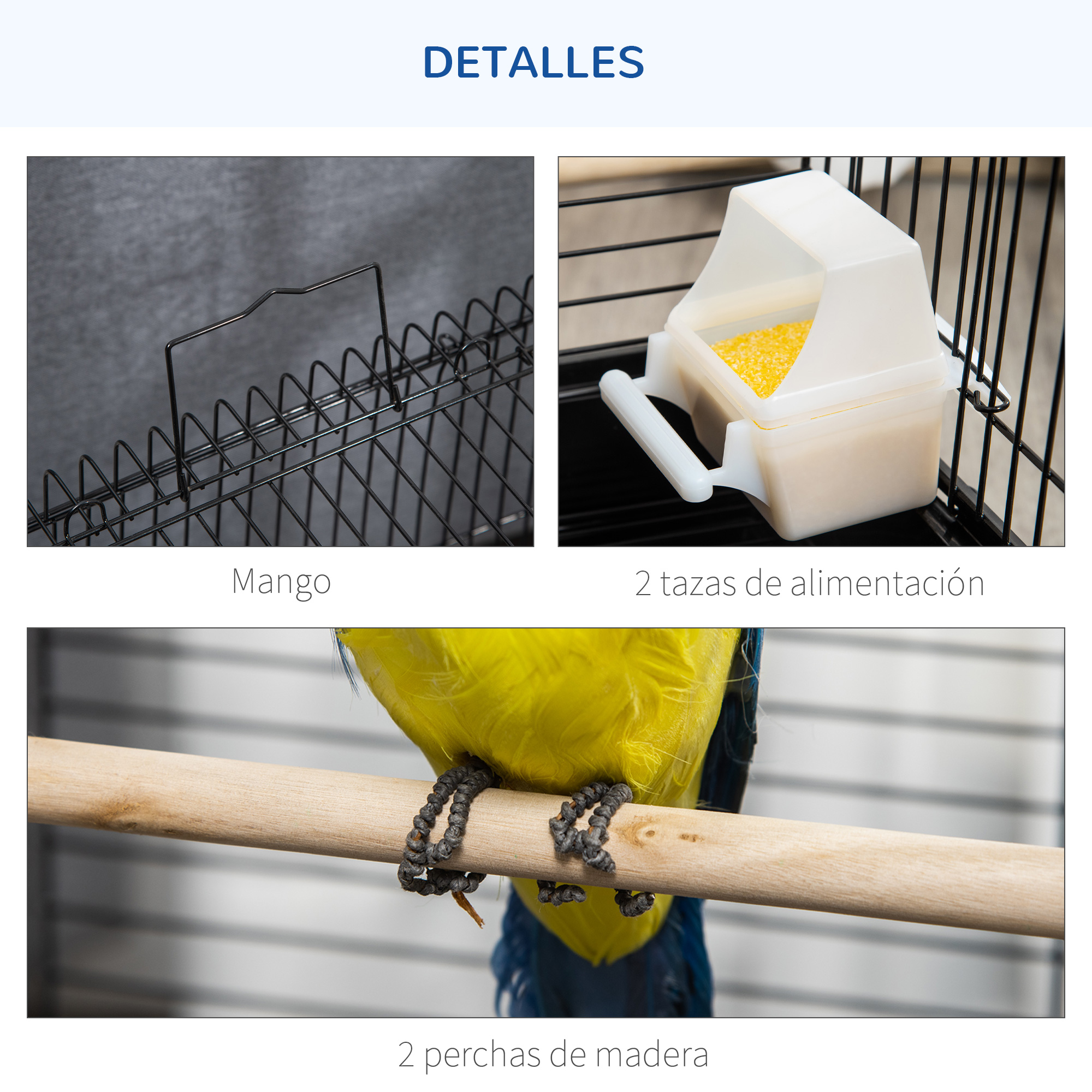 Imágenes de cerca que detallan componentes de jaula para pájaros: un asa, comederos y perchas.