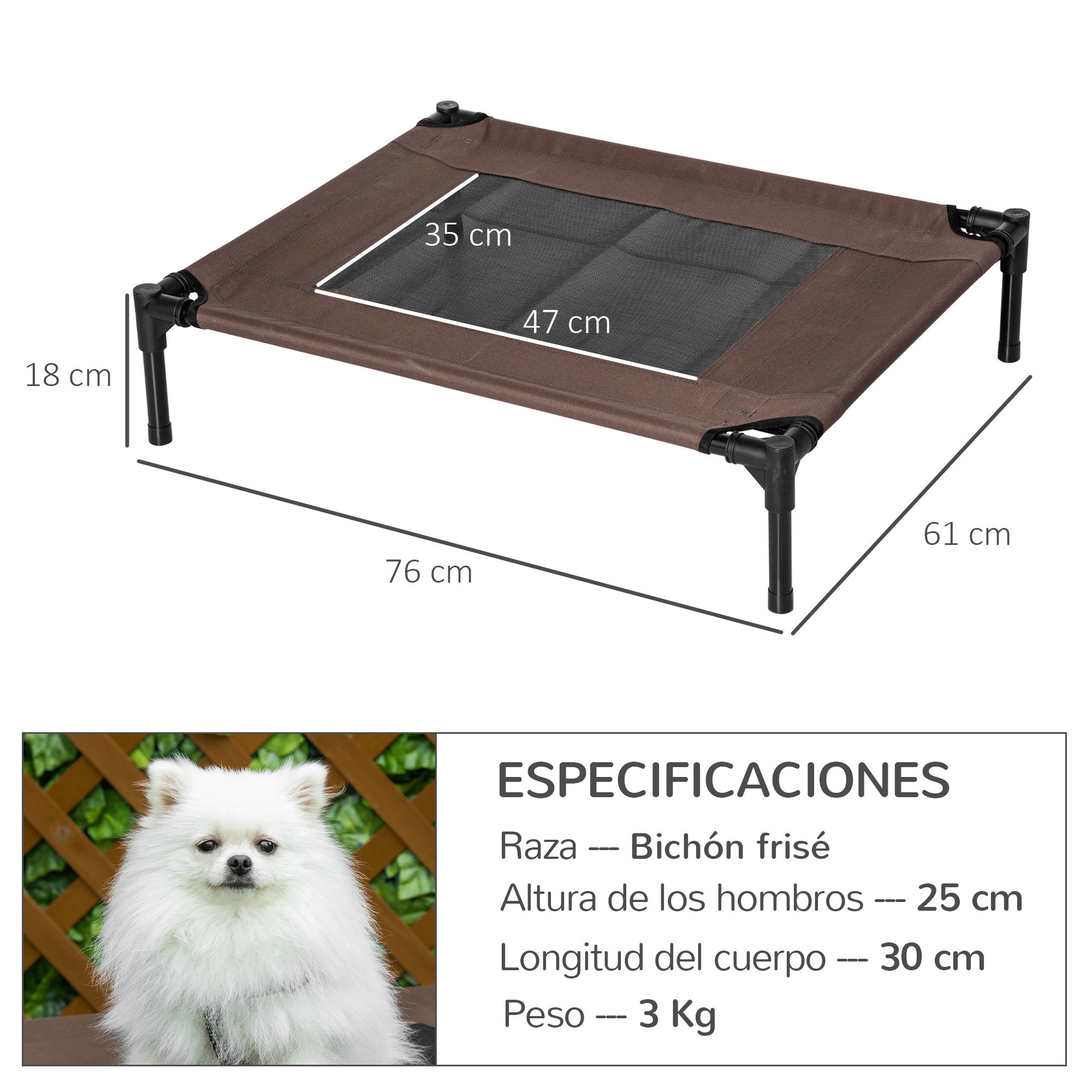 Cama elevada para perros marrón con dimensiones y descripción de Bichón Frisé.