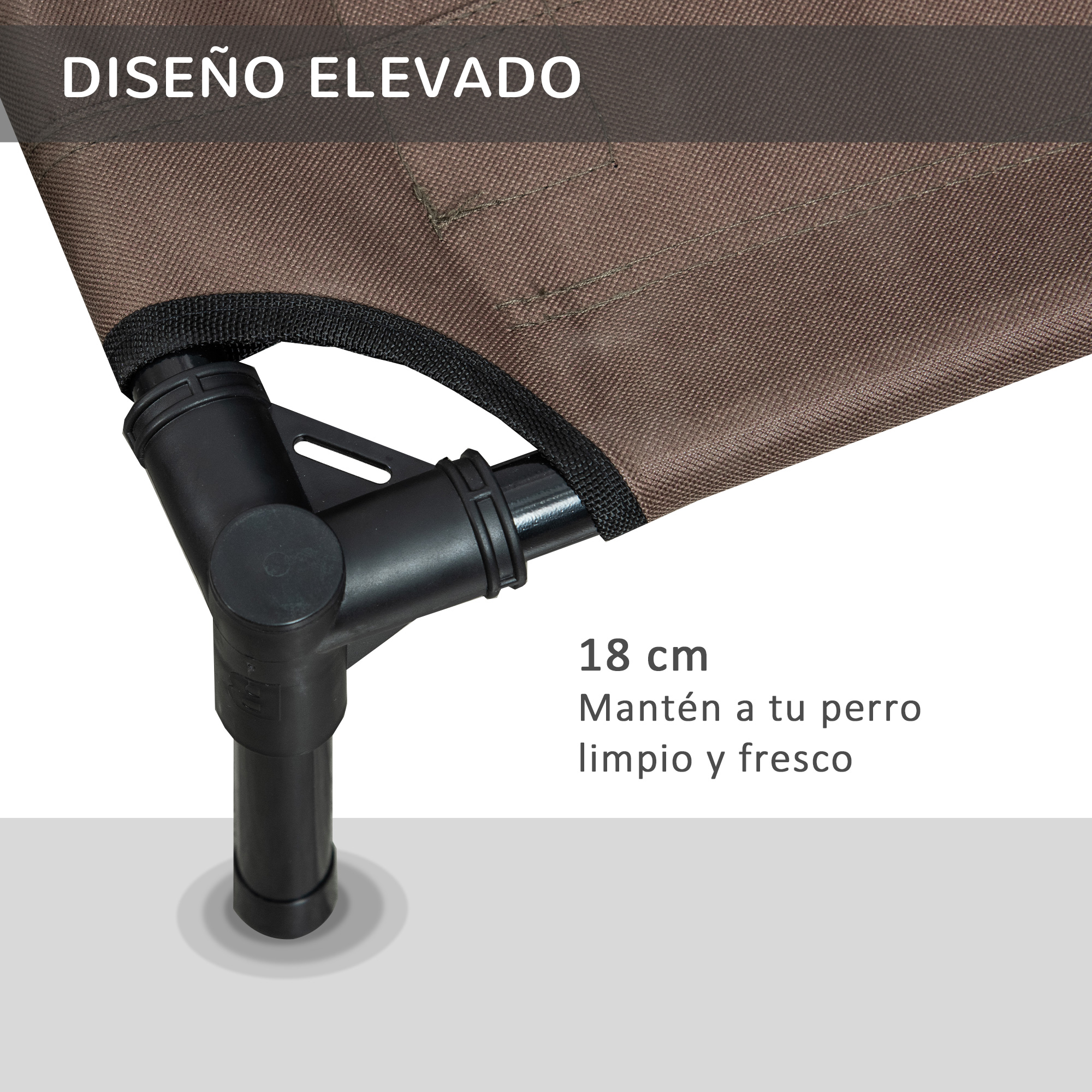 Cama para perros con tela marrón y patas negras. Primer plano muestra detalles de construcción.