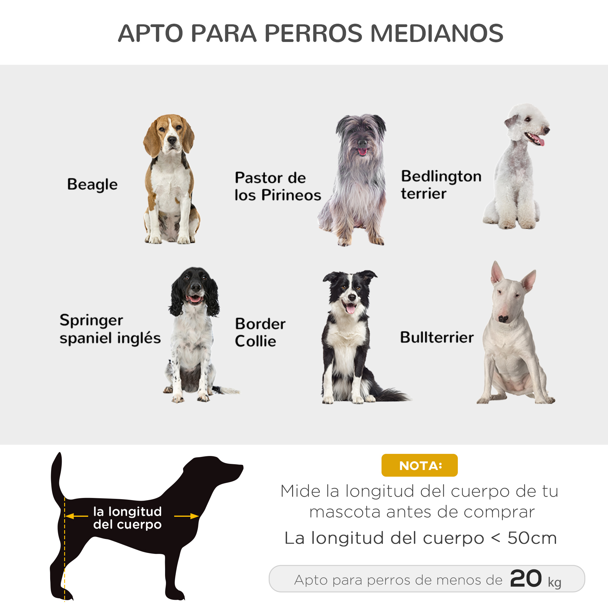 Razas de perros adecuadas para el producto. La imagen incluye Beagle, Border Collie y Bull Terrier.