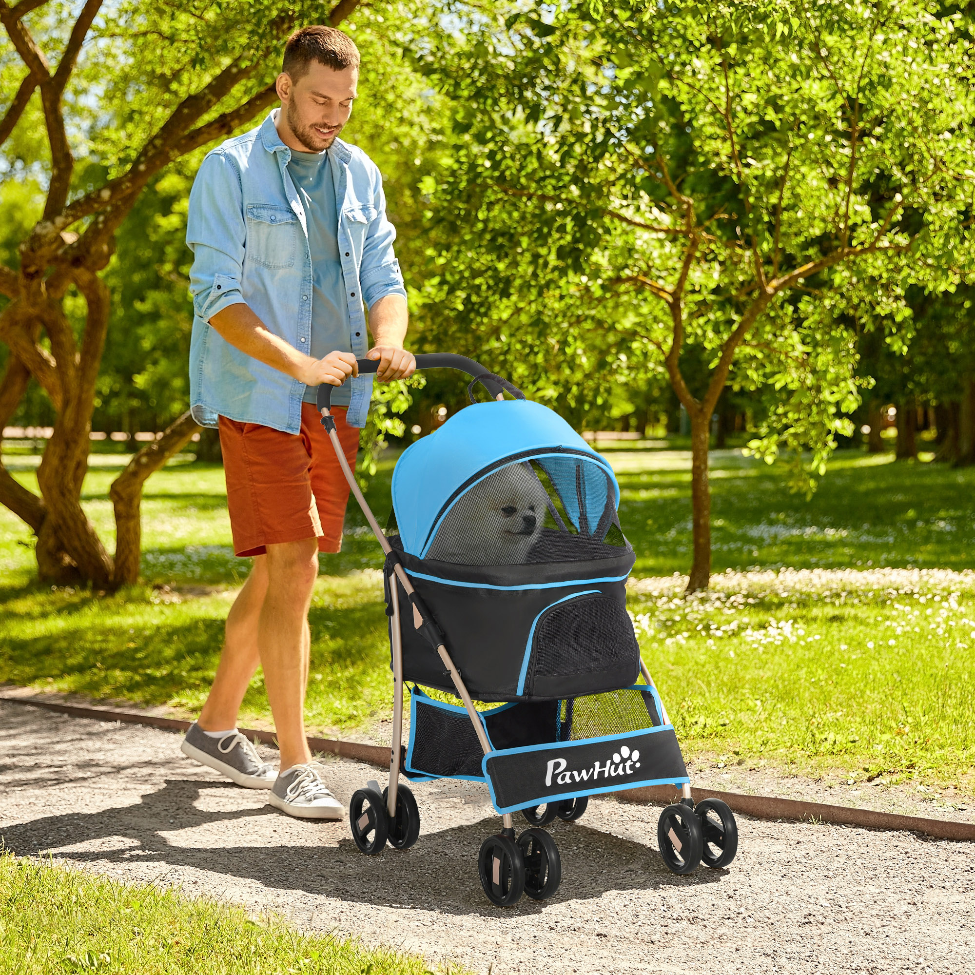 Uomo cammina con cane in passeggino blu su sentiero soleggiato. Alberi verdi sullo sfondo.