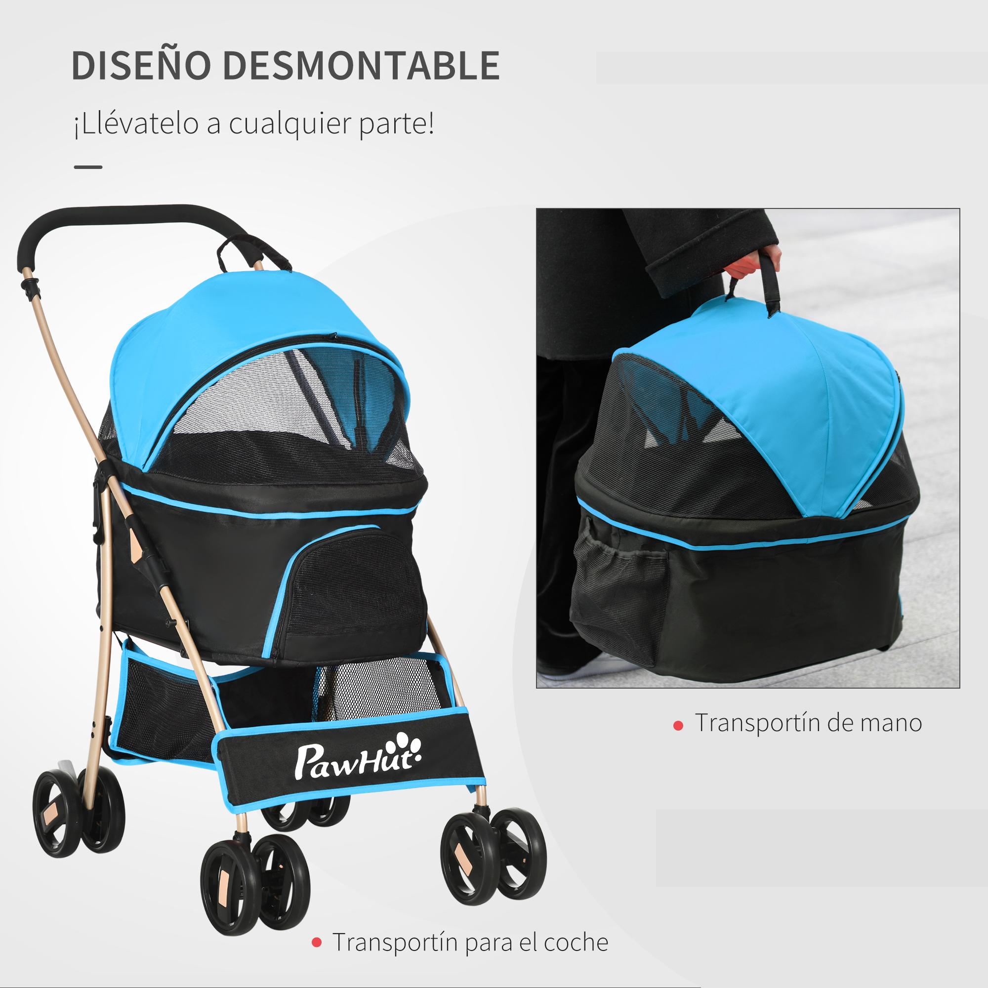Un cochecito para mascotas con capota azul, base negra y transportín desmontable.