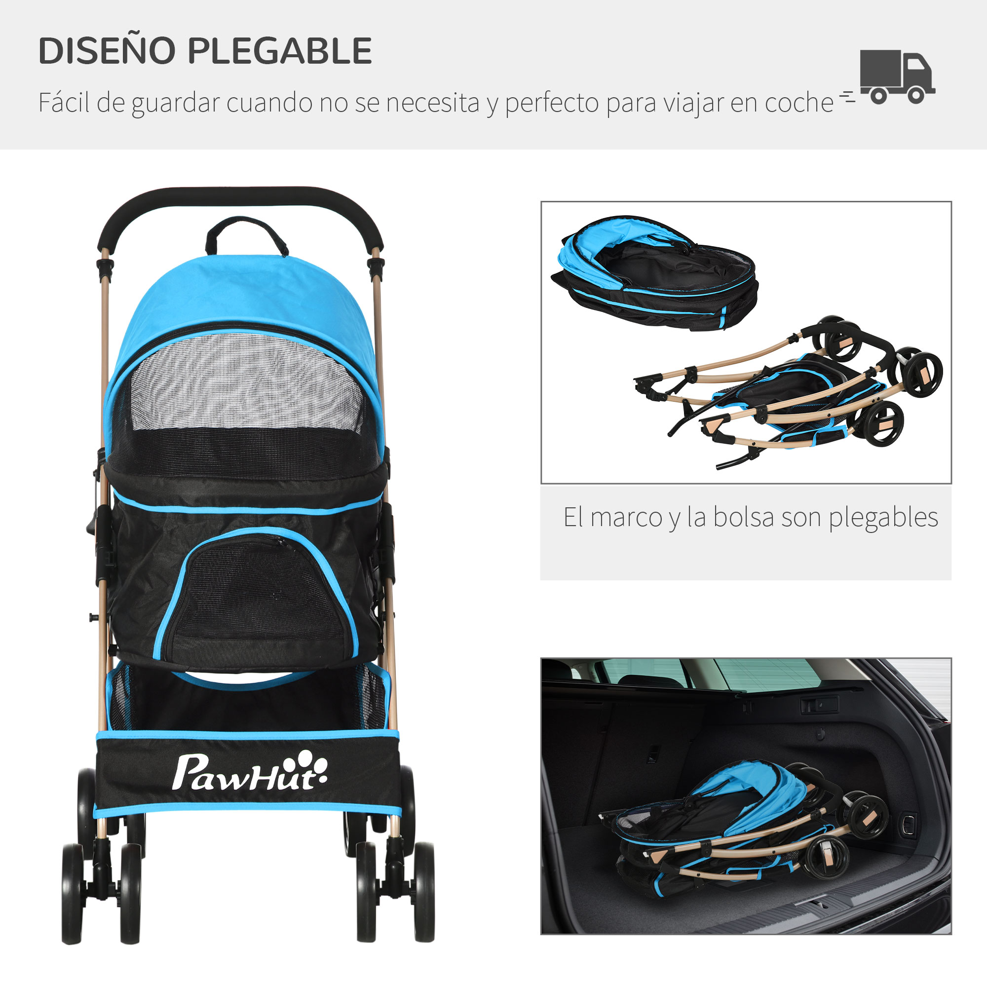 Cochecito para mascotas azul y negro. Incluye vista plegada y en maletero.