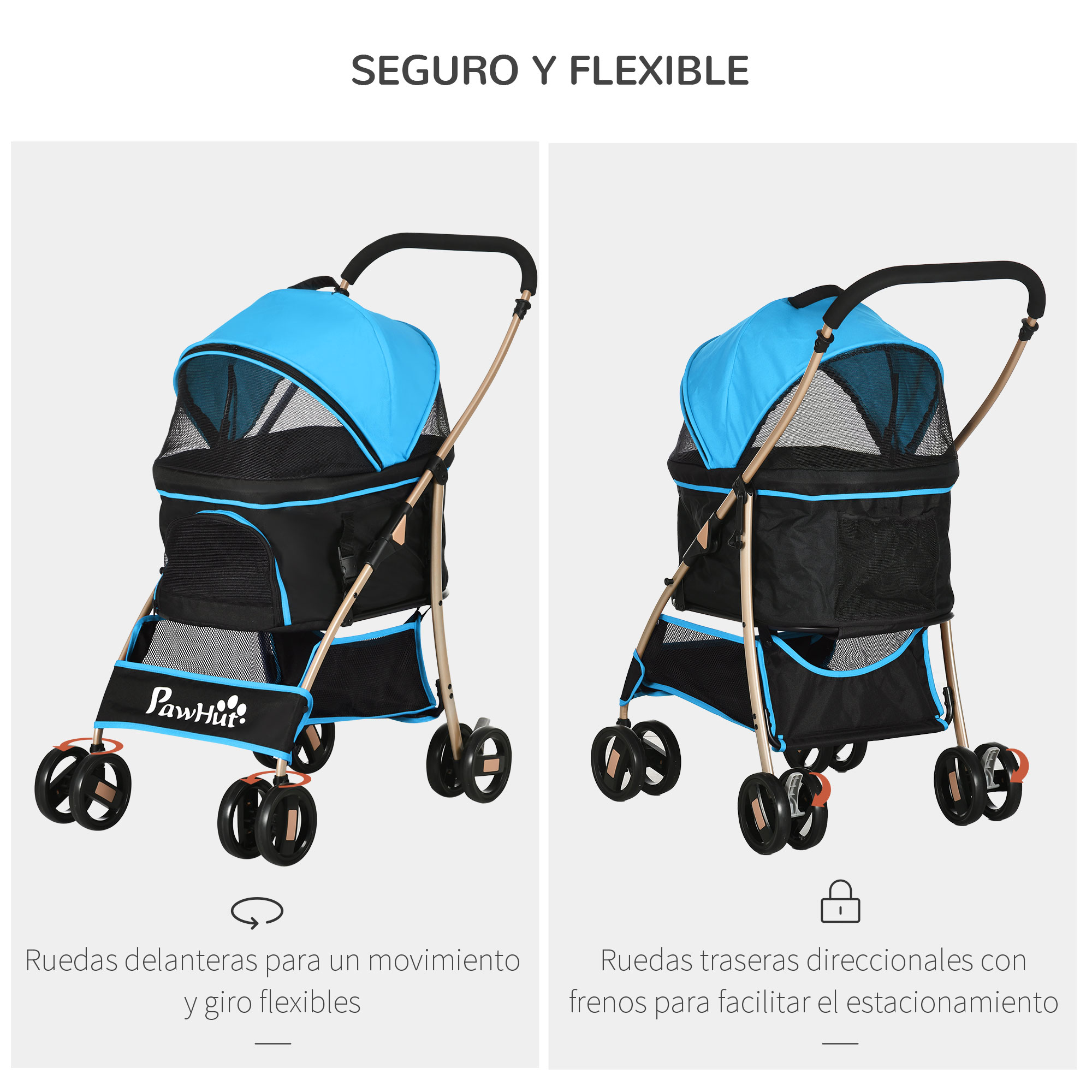 Dos imágenes de un cochecito para mascotas azul y negro. Texto en español describe características como ruedas flexibles y frenos.