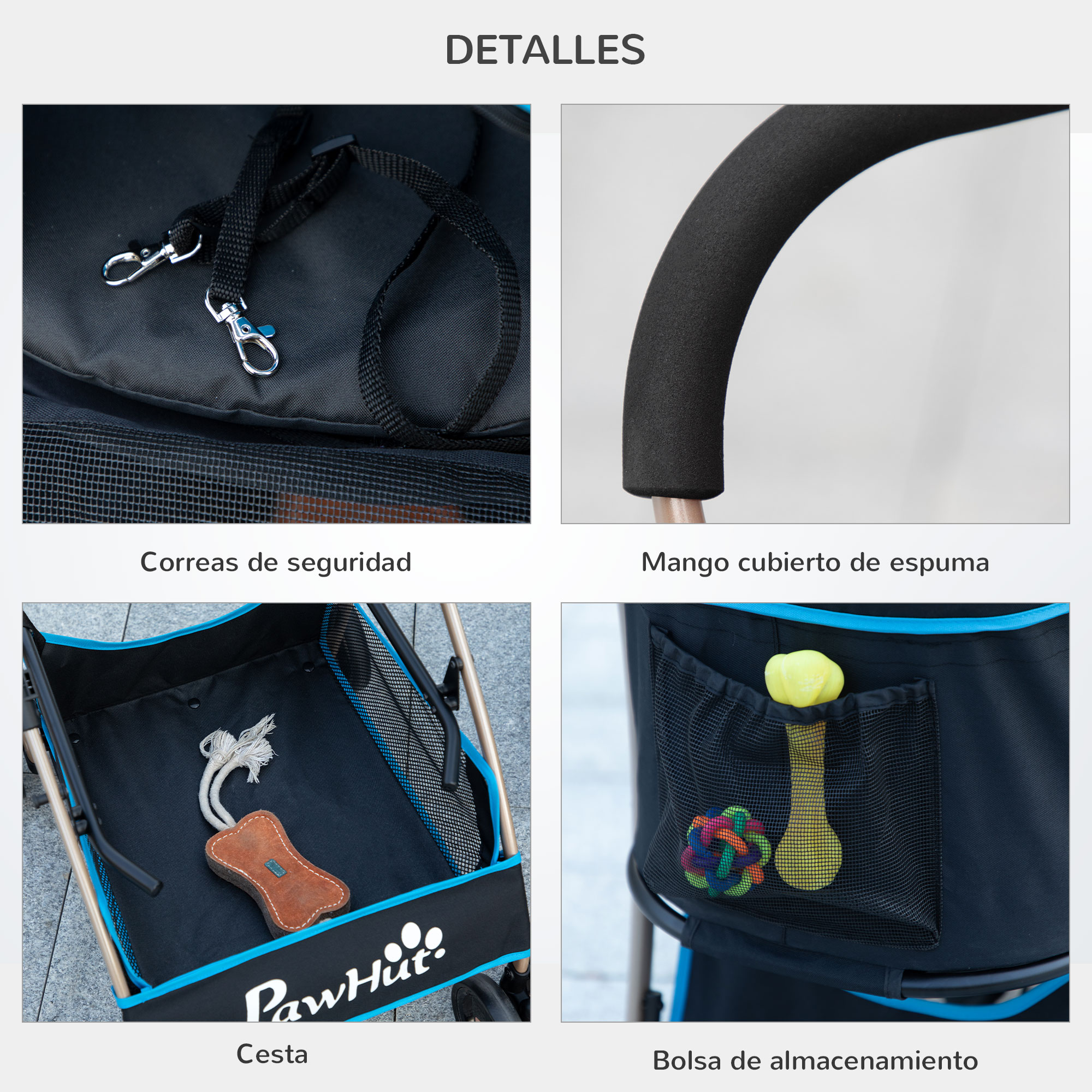 Collage de detalles del cochecito para mascotas: correas de seguridad, asa de espuma, cesta y bolsa de almacenamiento con juguetes.