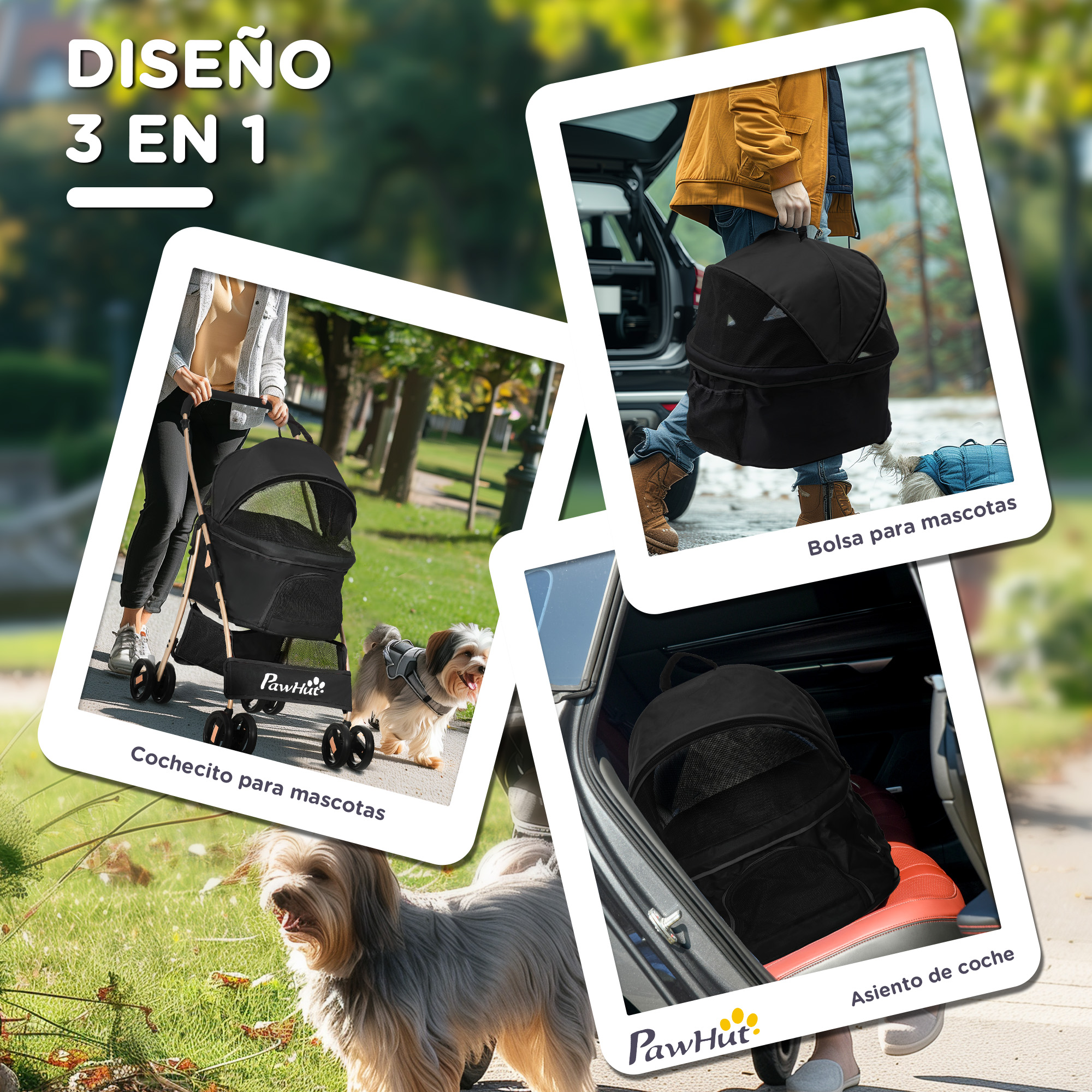 Imágenes de cochecito, mochila y asiento de coche para mascotas, diseño 3 en 1.