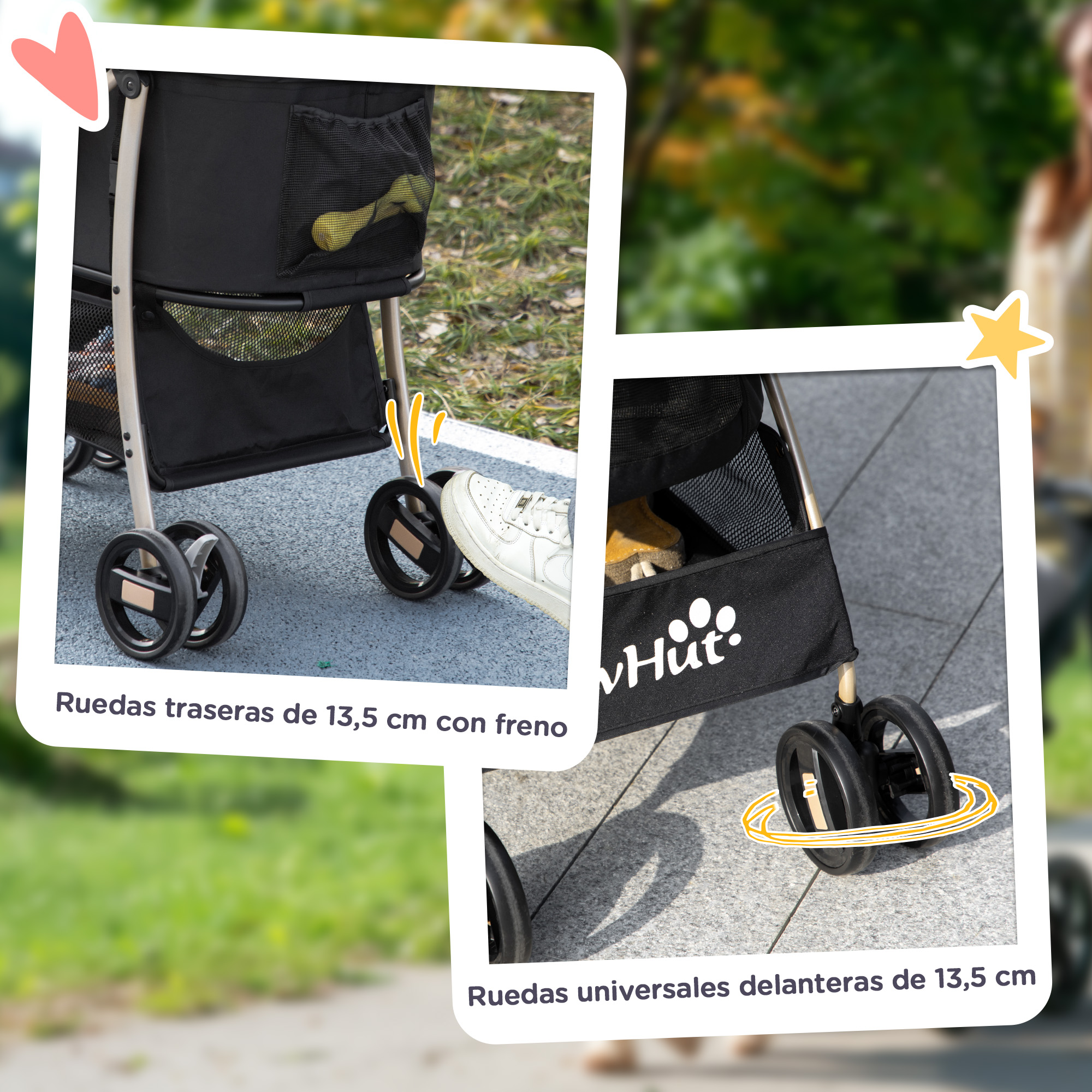 Dos fotos de un cochecito para mascotas. Una muestra las ruedas traseras con frenos, la otra muestra las ruedas delanteras.