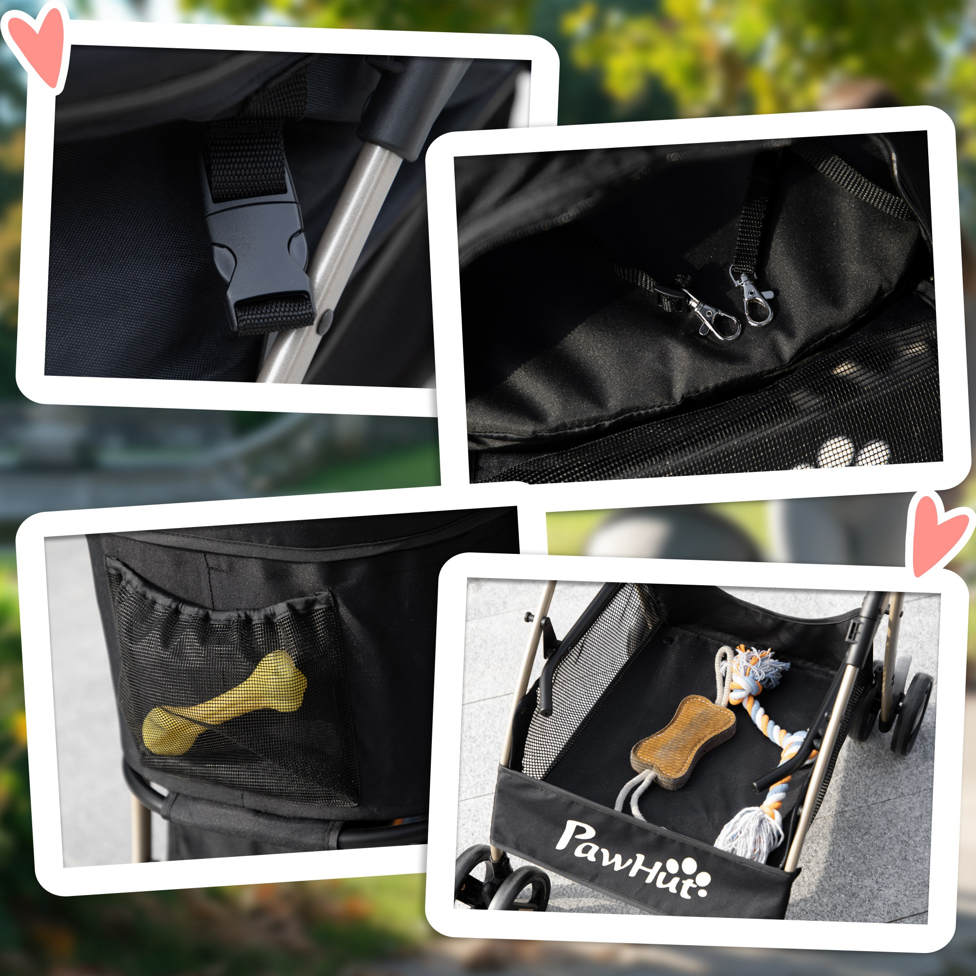 Primeros planos de un cochecito para mascotas, que muestran detalles del interior, accesorios y correas.