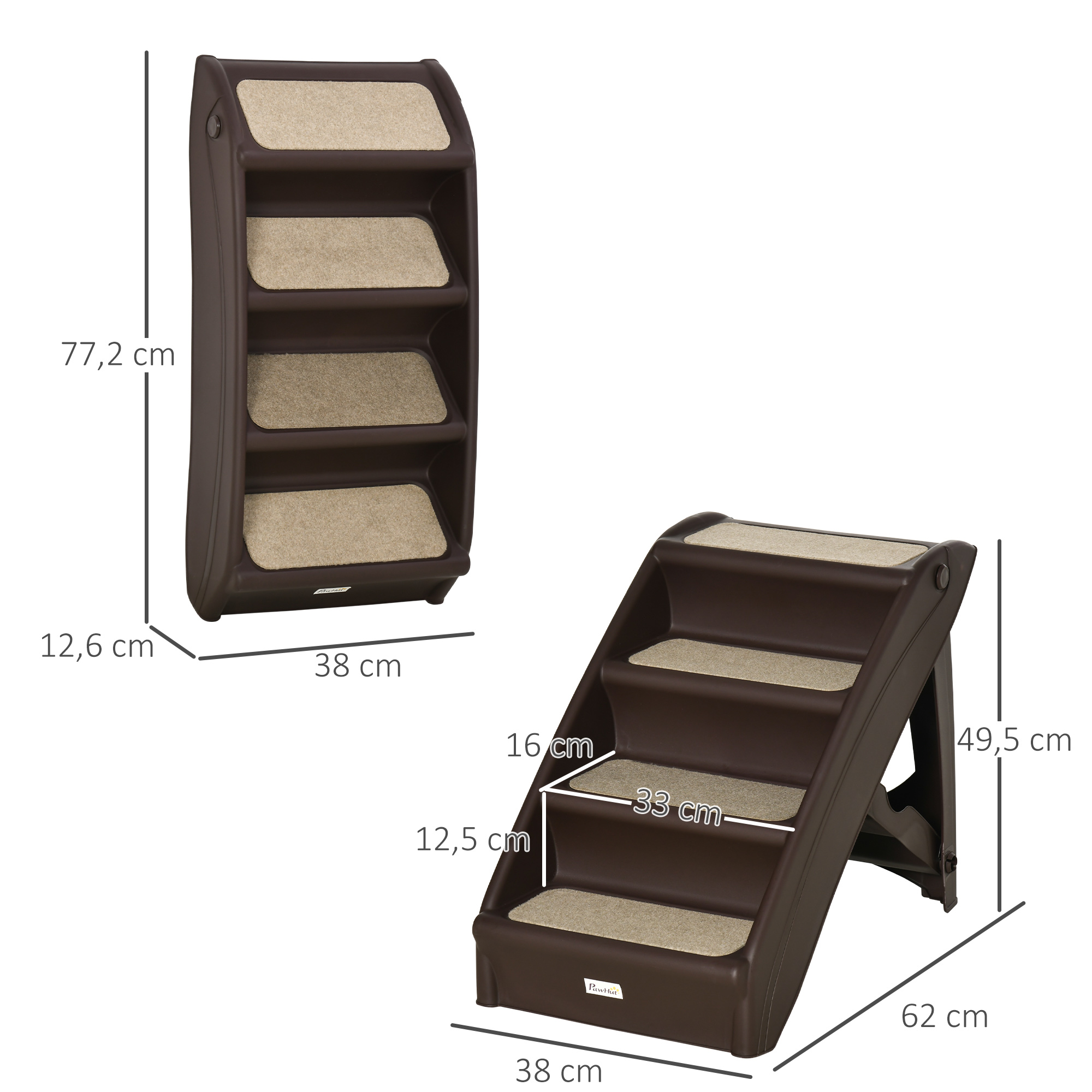 Escaleras marrones para mascotas con tres escalones, etiquetadas con dimensiones.