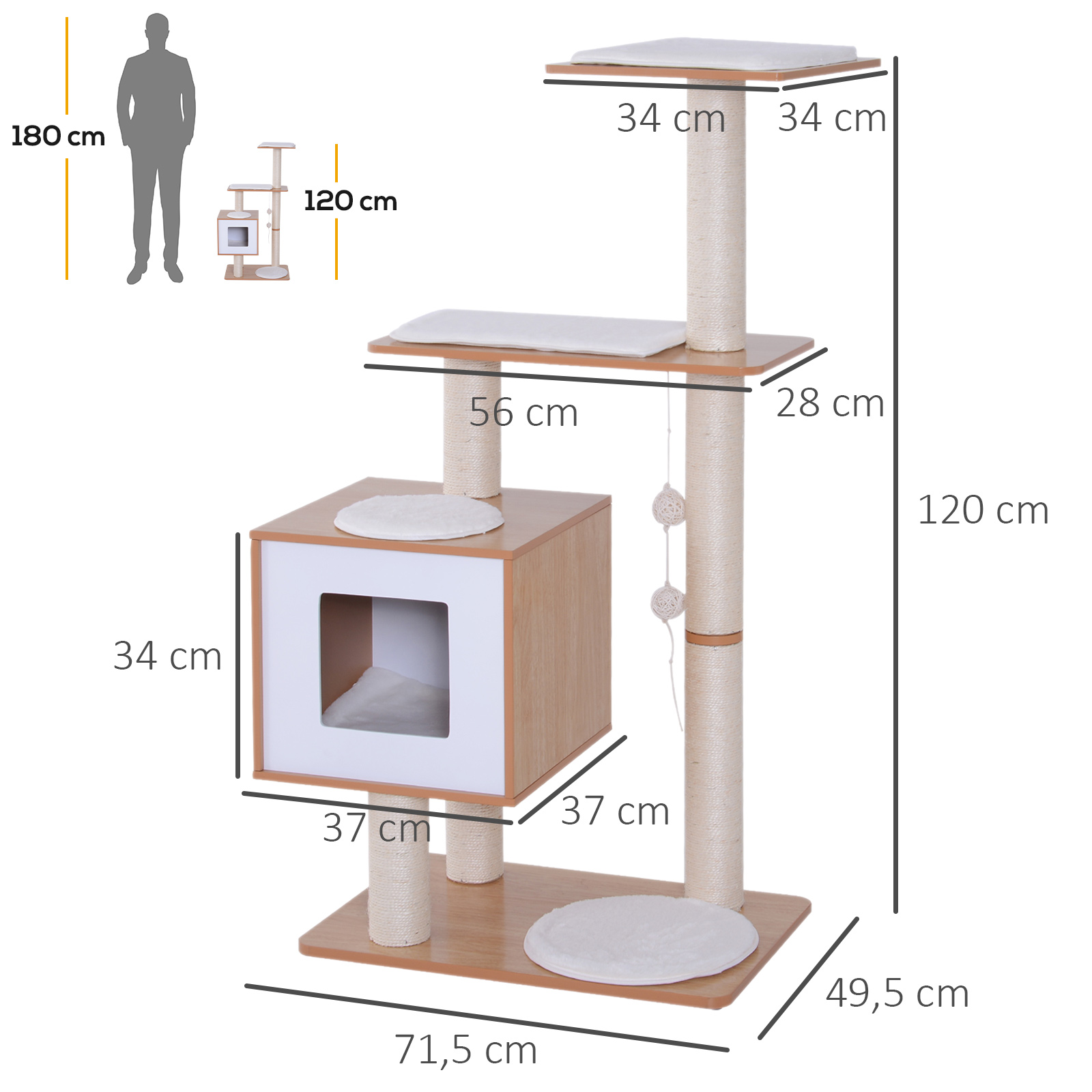 Árbol para gatos con dimensiones. Una persona está al lado, mostrando la altura de 120 cm.