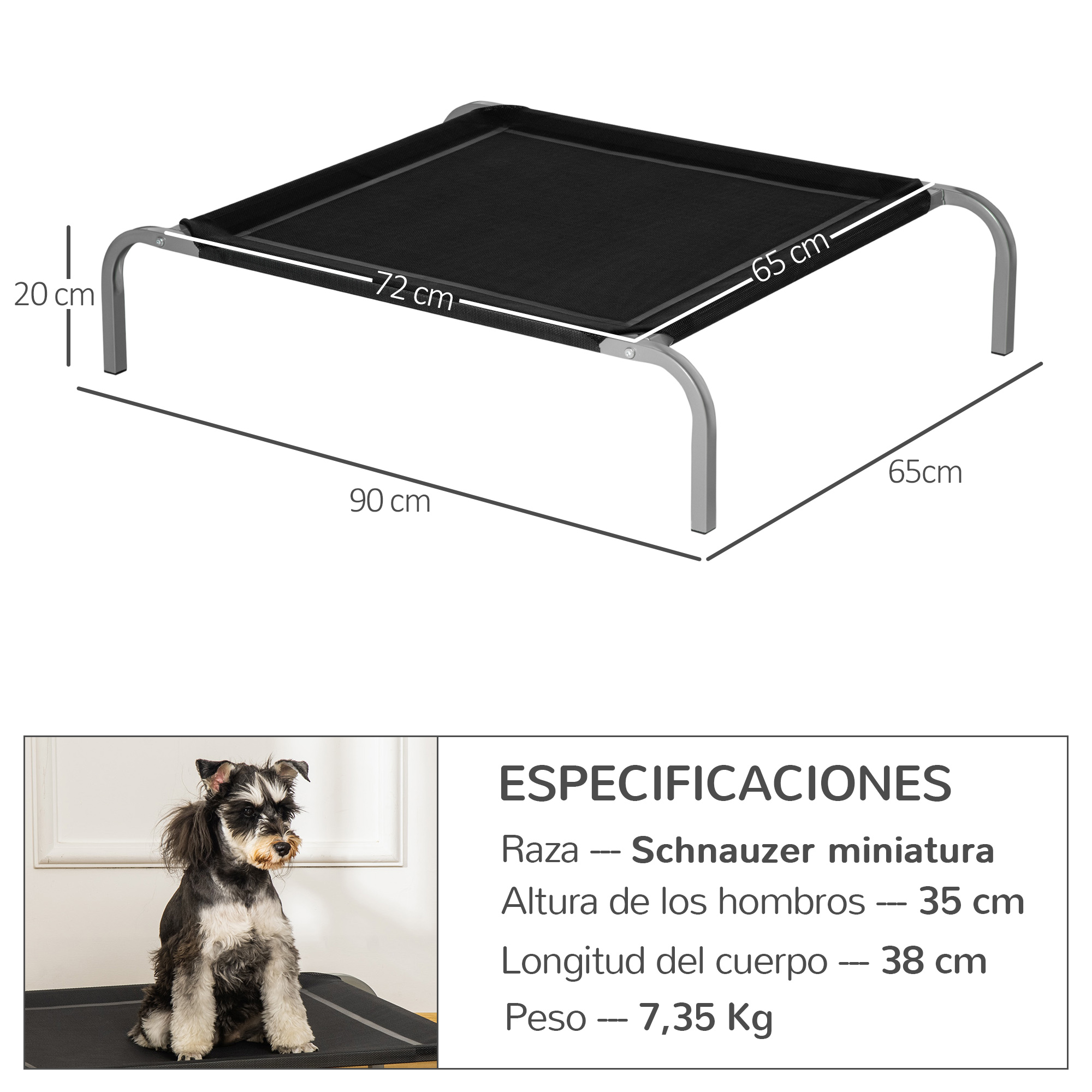 Cama para perros con dimensiones y un Schnauzer miniatura sentado en ella.