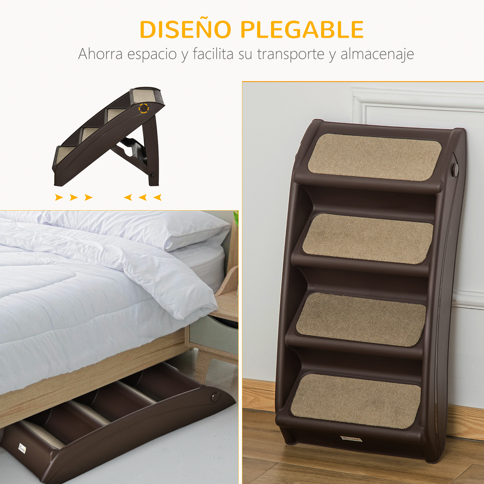 Escaleras plegables para mascotas con escalones marrones y alfombra beige. Se pliega para guardarlo.