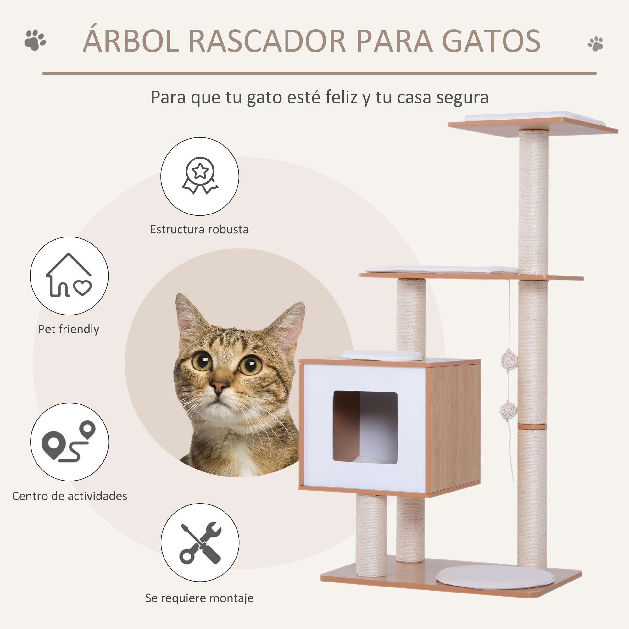 Rascador para gatos con un gato al lado. Texto: Rascador para gatos. Para que tu gato esté feliz y seguro.