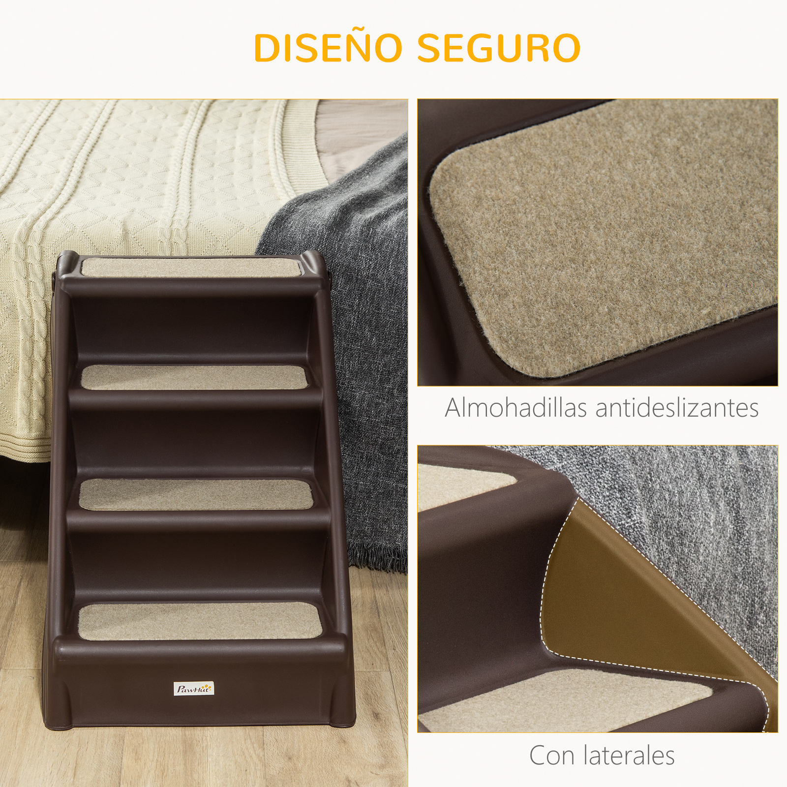 Escaleras para mascotas marrones con almohadillas antideslizantes. Primeros planos muestran detalles de los escalones y las almohadillas.