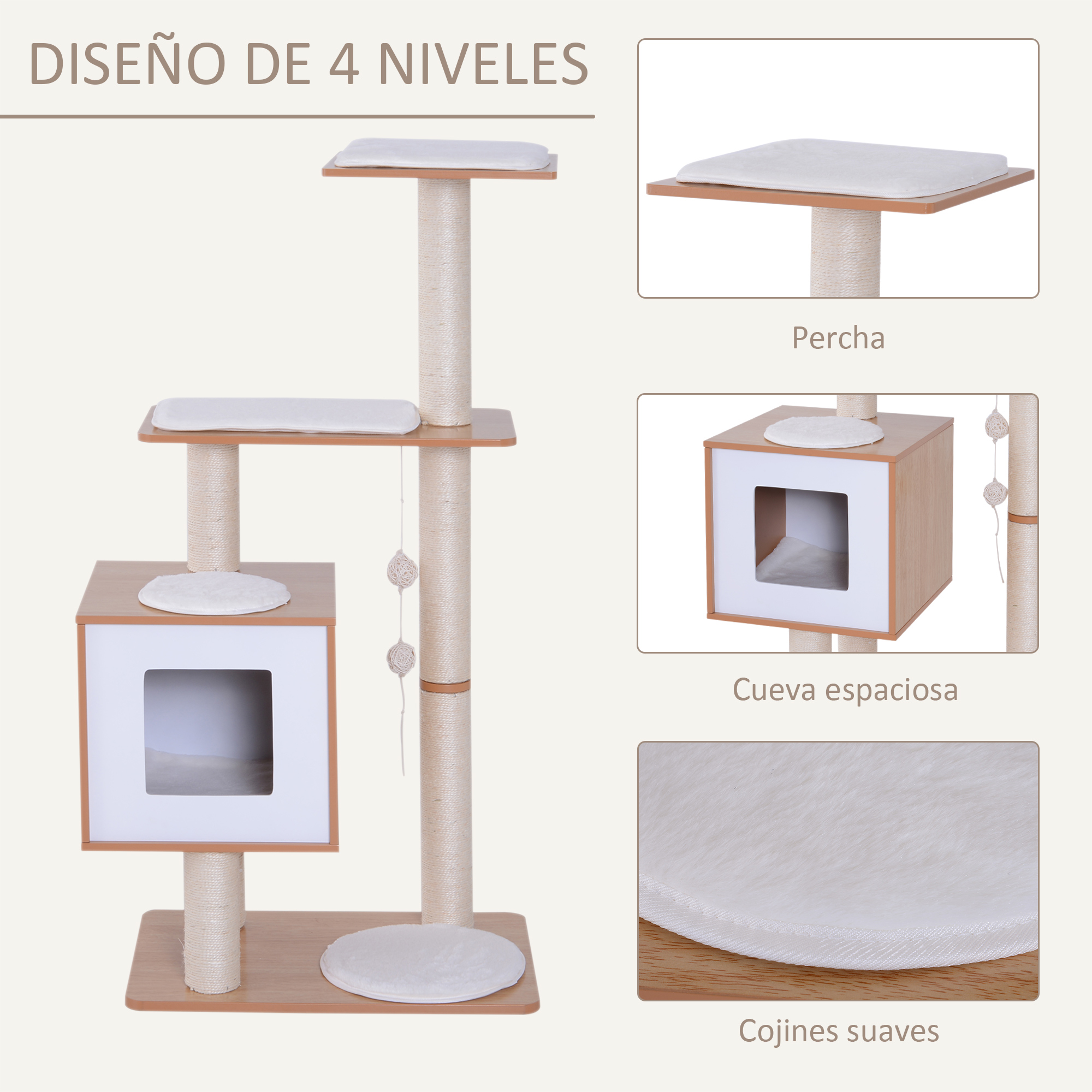 Árbol para gatos de cuatro niveles, postes beige, cojines blancos y casa para gatos cuadrada.