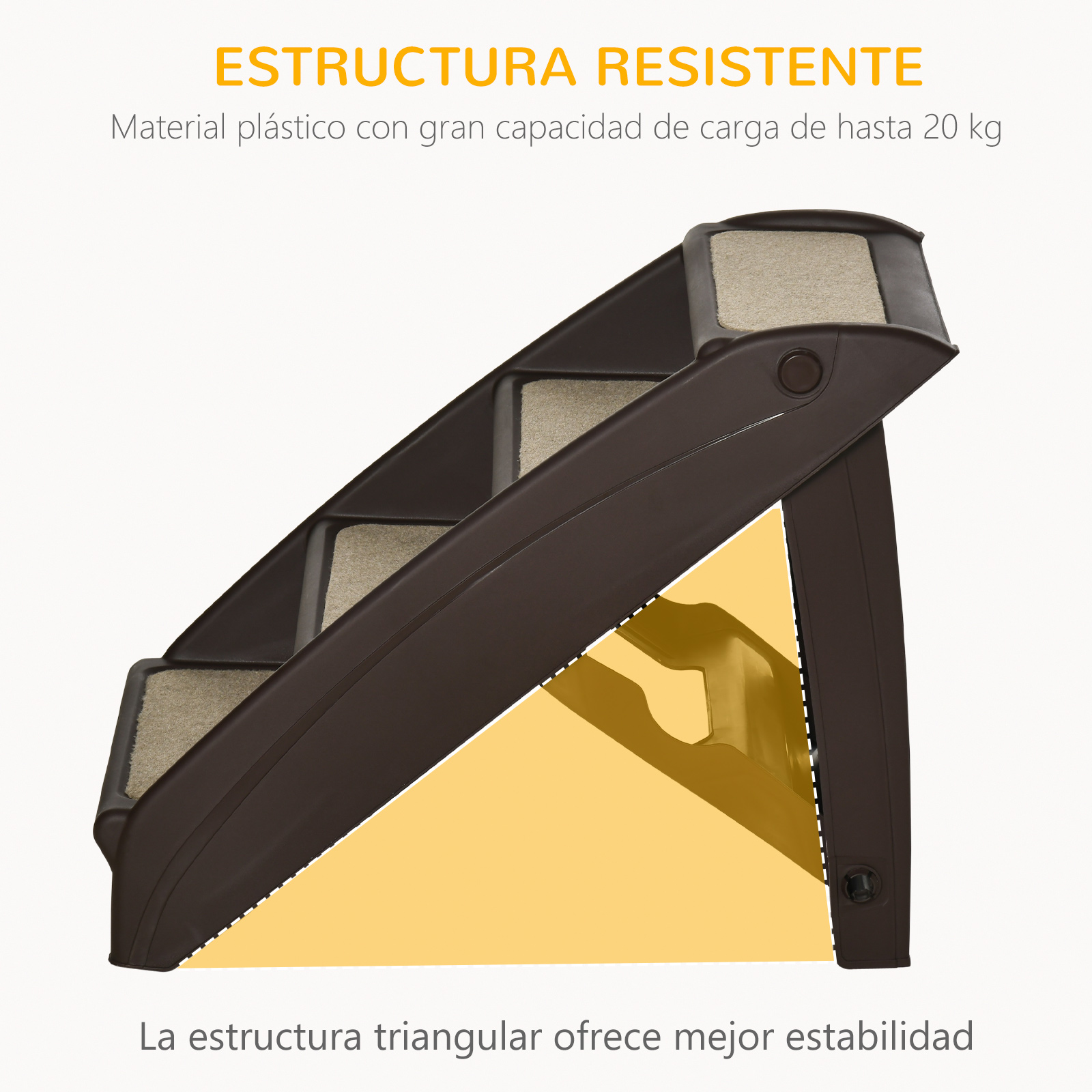 Escaleras marrones para mascotas sobre fondo blanco. Triángulo amarillo indica estructura.