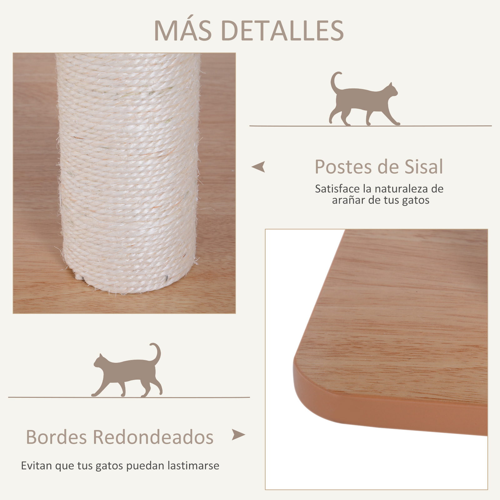 Primer plano de rascador con postes de sisal y bordes redondeados. Siluetas de gato.