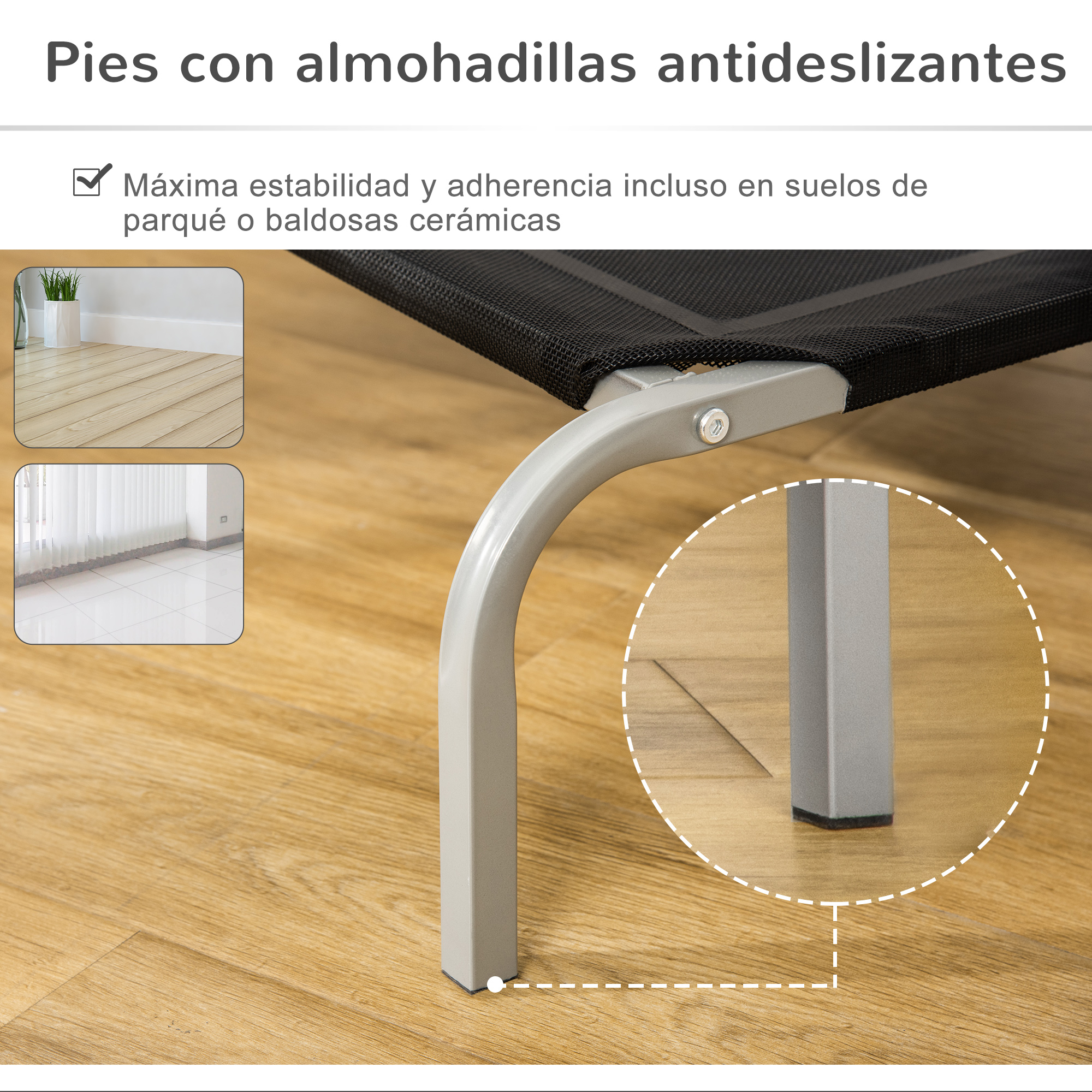 Primer plano de las patas de la cama para perros. Cuenta con almohadillas antideslizantes. El fondo tiene un suelo de madera.