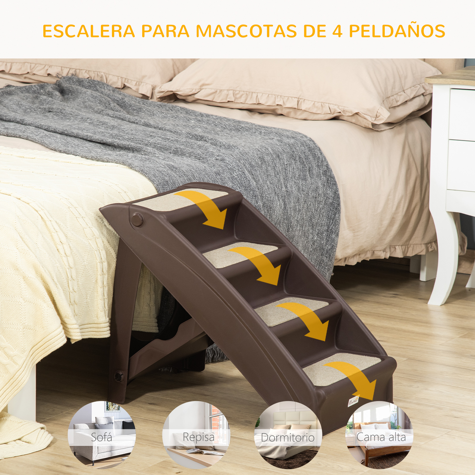 Escaleras marrones para mascotas con escalones beige. Flechas muestran la dirección de ascenso.