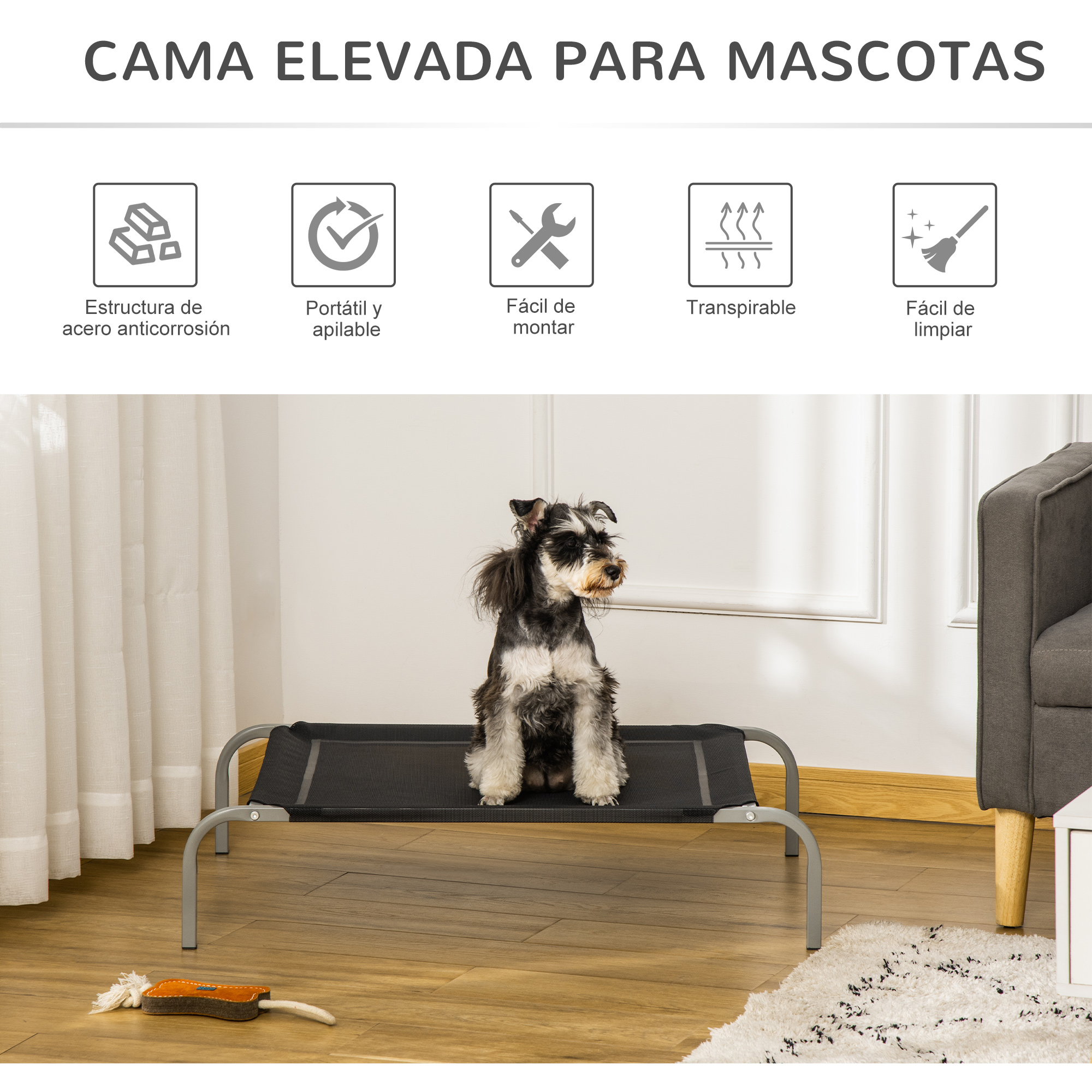 Perro en una cama elevada para mascotas. Texto arriba: "Cama Elevada Para Mascotas".