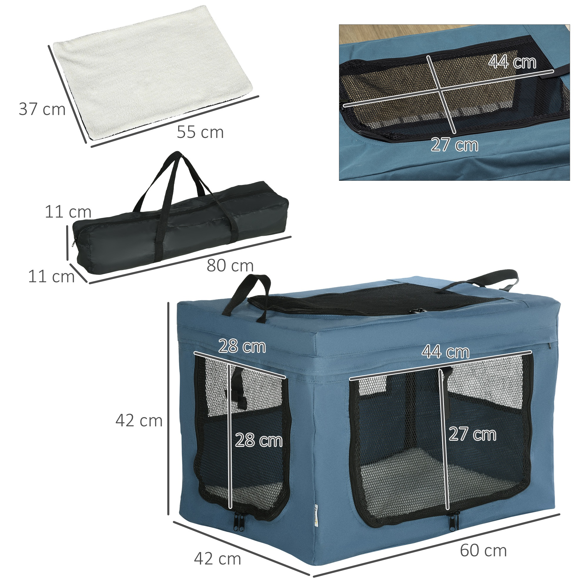 Transportín azul para mascotas con dimensiones, ventanas de malla y asa de transporte, sobre un fondo blanco.
